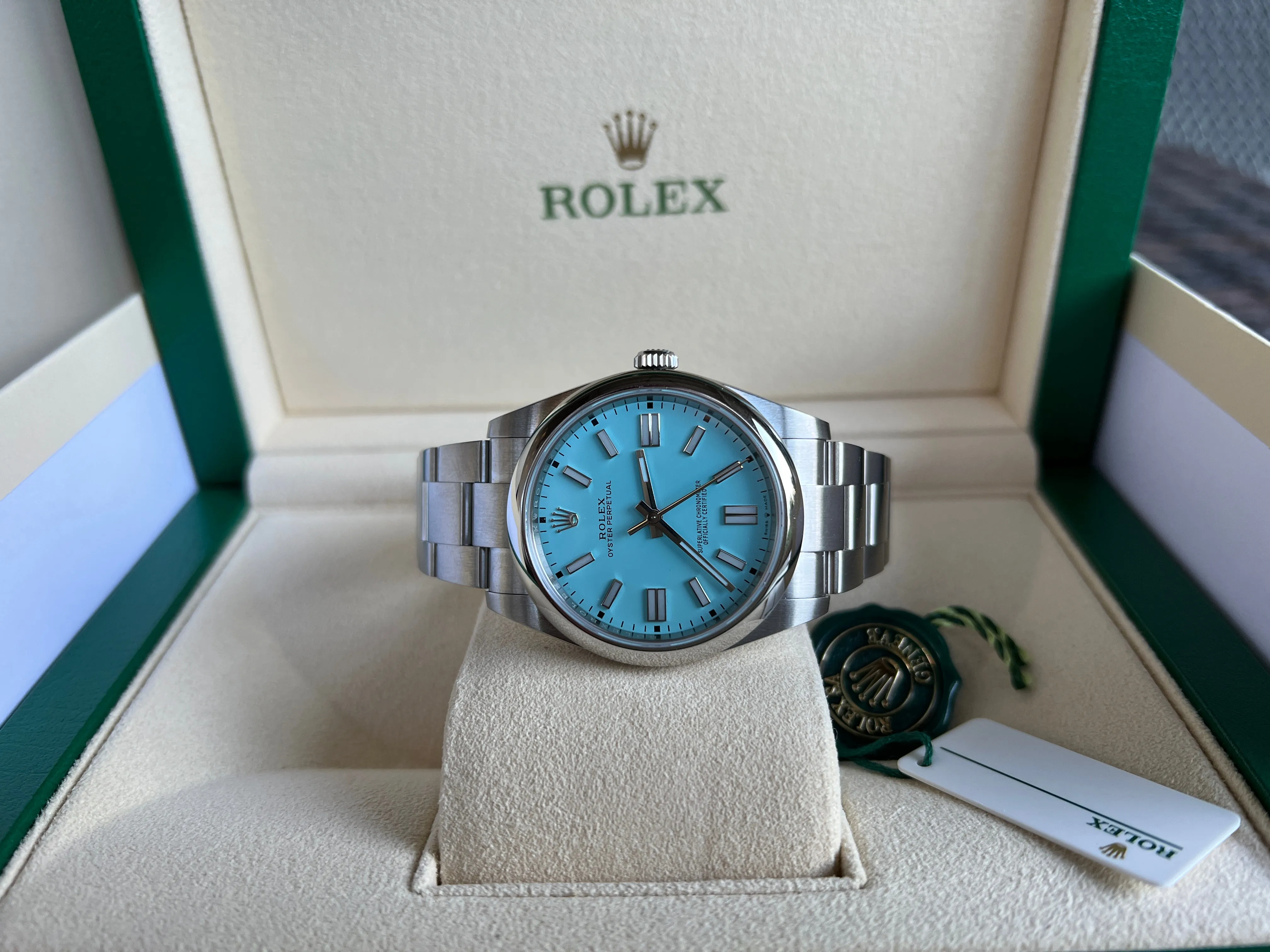 Rolex 41mm Oyster Perpetual 124300 Mens or Womens Watch.  Refinished Tiffany Blue Dial Mint Condition