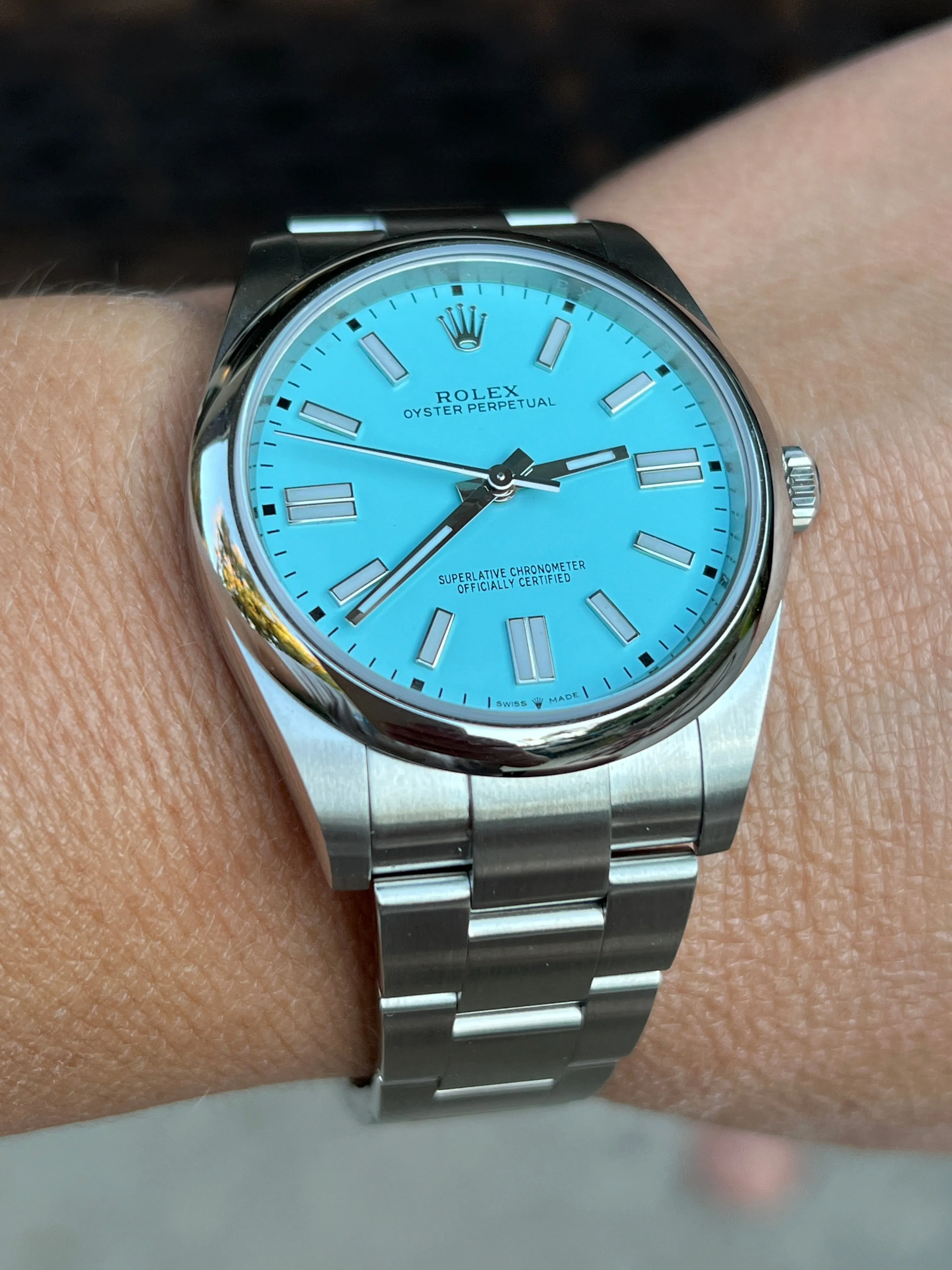 Rolex 41mm Oyster Perpetual 124300 Mens or Womens Watch.  Refinished Tiffany Blue Dial Mint Condition