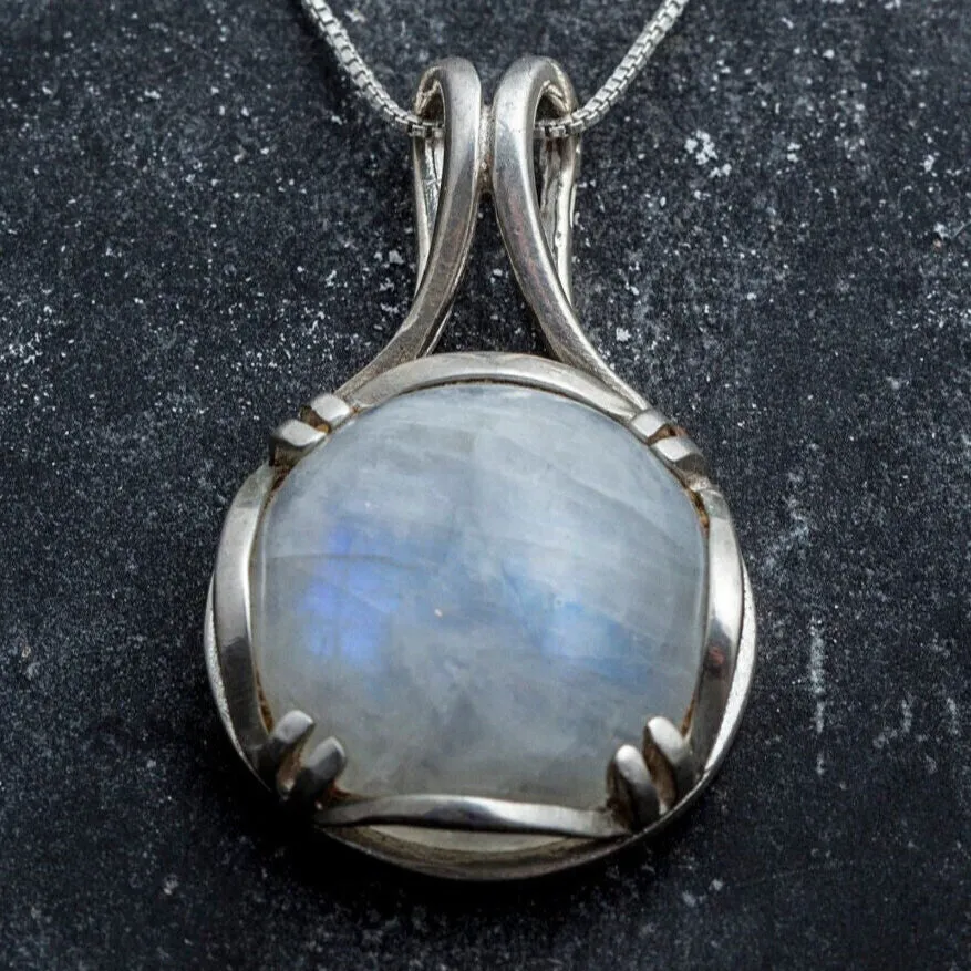 Round Moonstone Pendant - Rainbow Moonstone Necklace - Vintage Statement Necklace