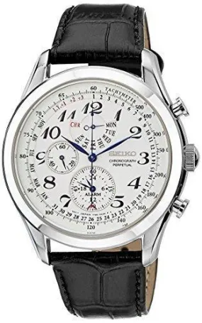 Seiko Men's SPC131P1 Neo Classic Alarm Perpetual Chronograph White Dial Black Leather Strap Watch