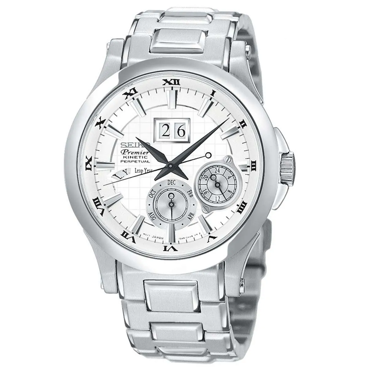Seiko SNP001 Men's Premier Kinetic Perpetual Calendar Silver Dial Steel Bracelet Watch