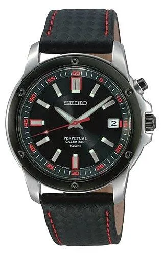 Seiko SNQ097 Men's Black Leather Strap Perpetual Calendar Watch