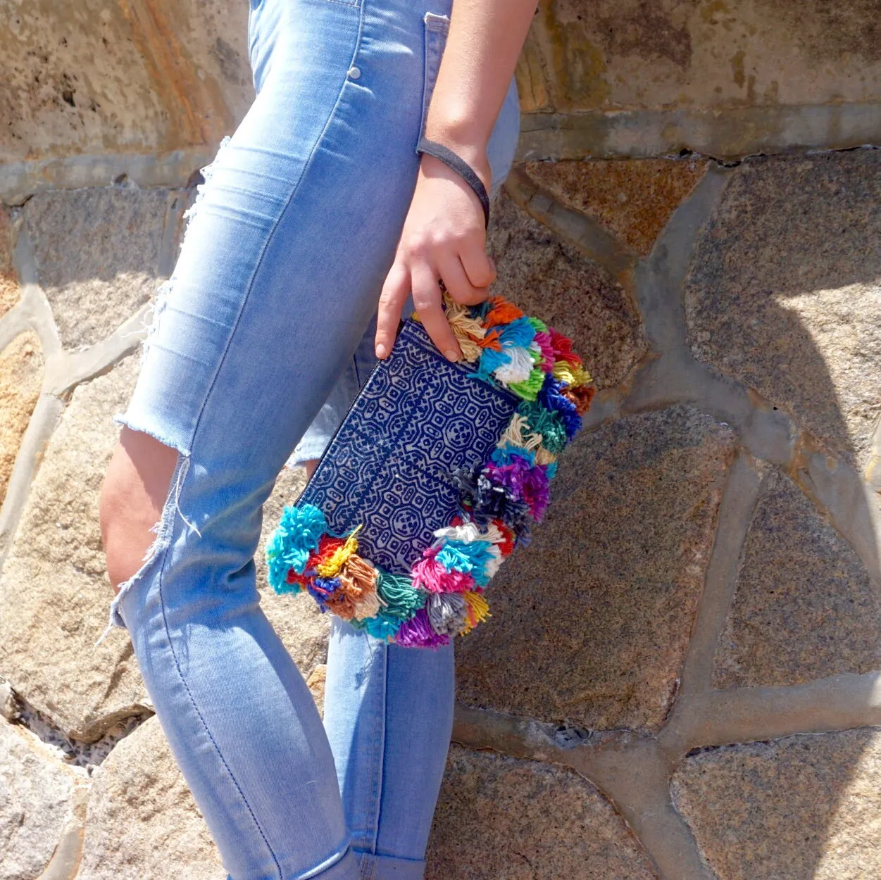 Sia Batik Bohemian Pom Pom Tassel Clutch
