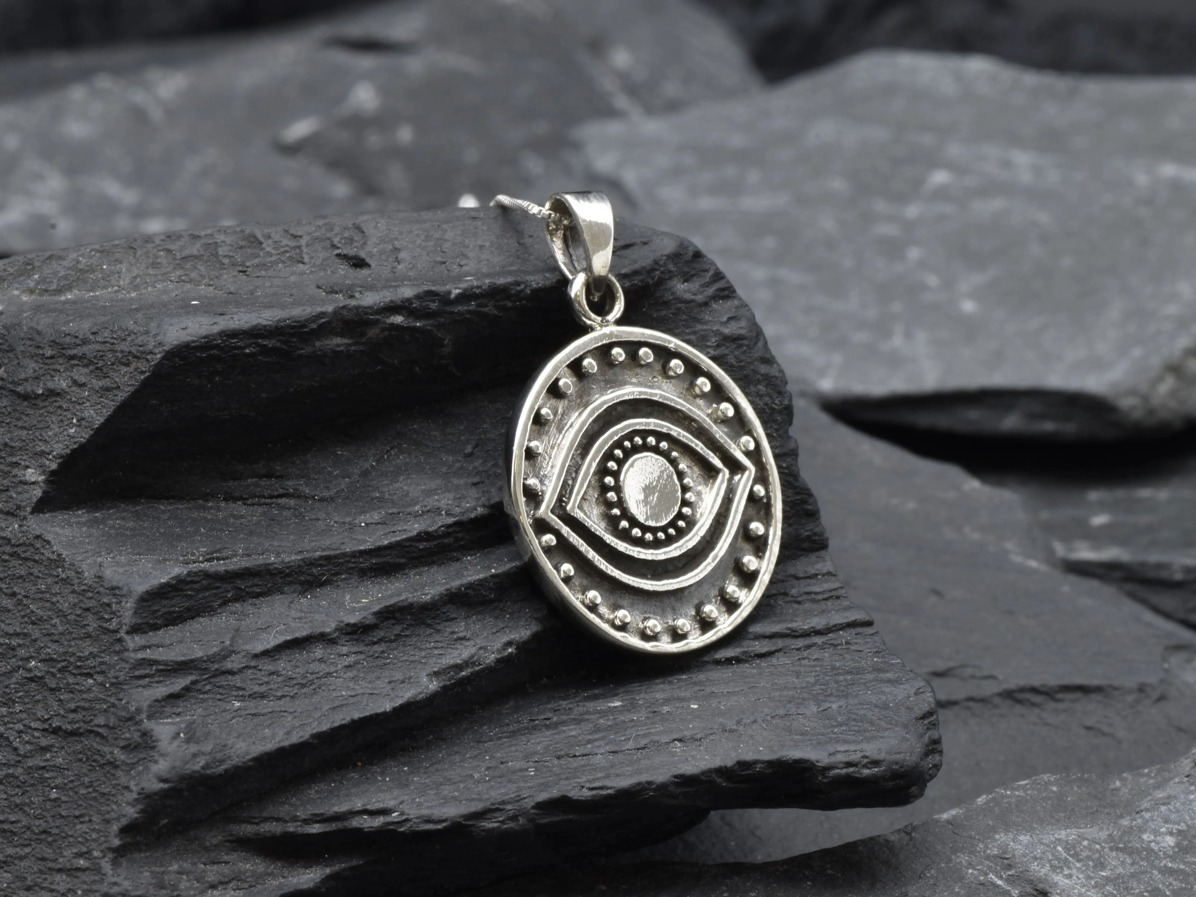 Silver Eye Necklace - Evil Eye Pendant - Silver Statement Necklace