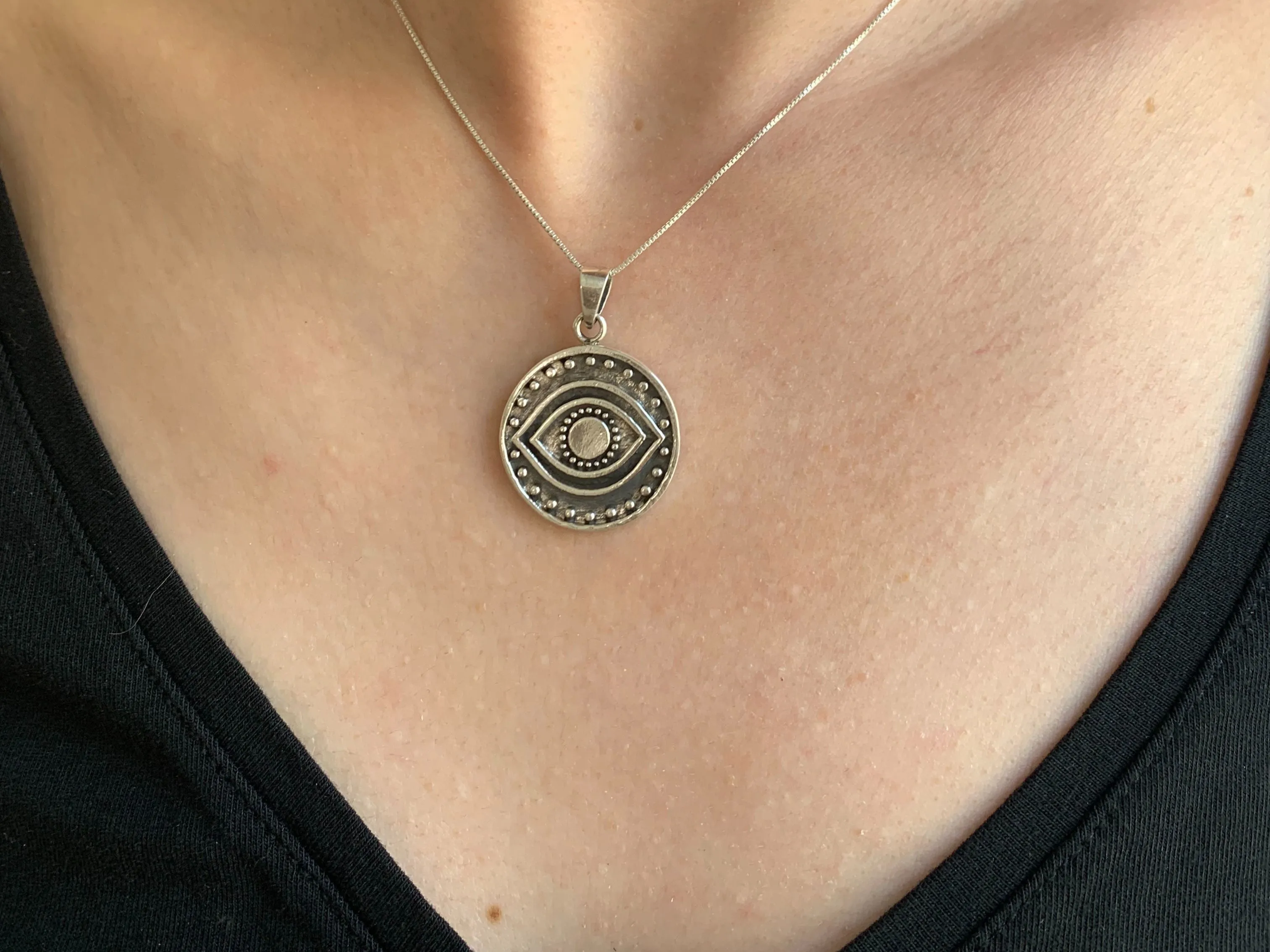 Silver Eye Necklace - Evil Eye Pendant - Silver Statement Necklace