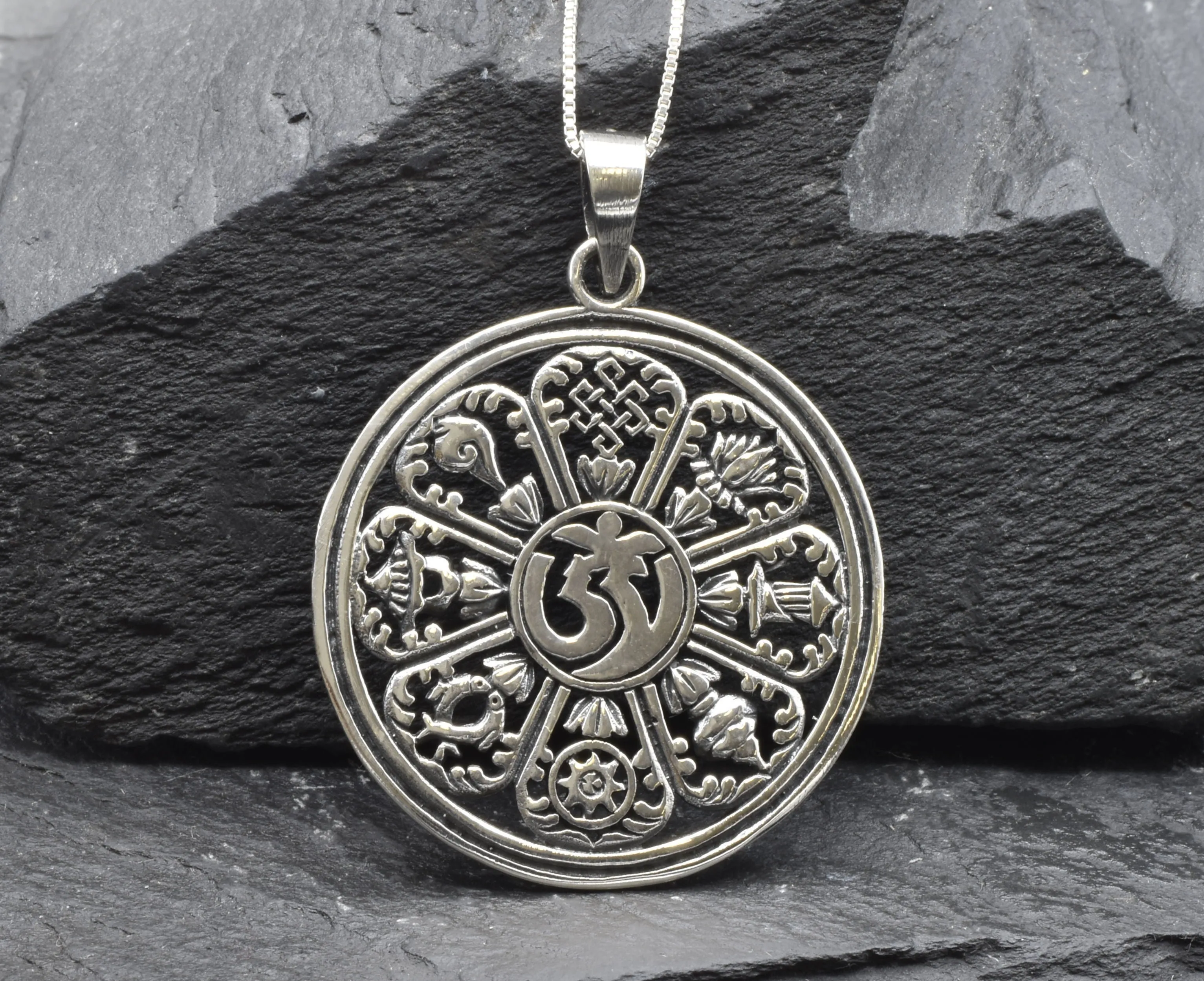 Silver Mandala Necklace - Spiritual Circle Necklace, Silver Ohm Pendant