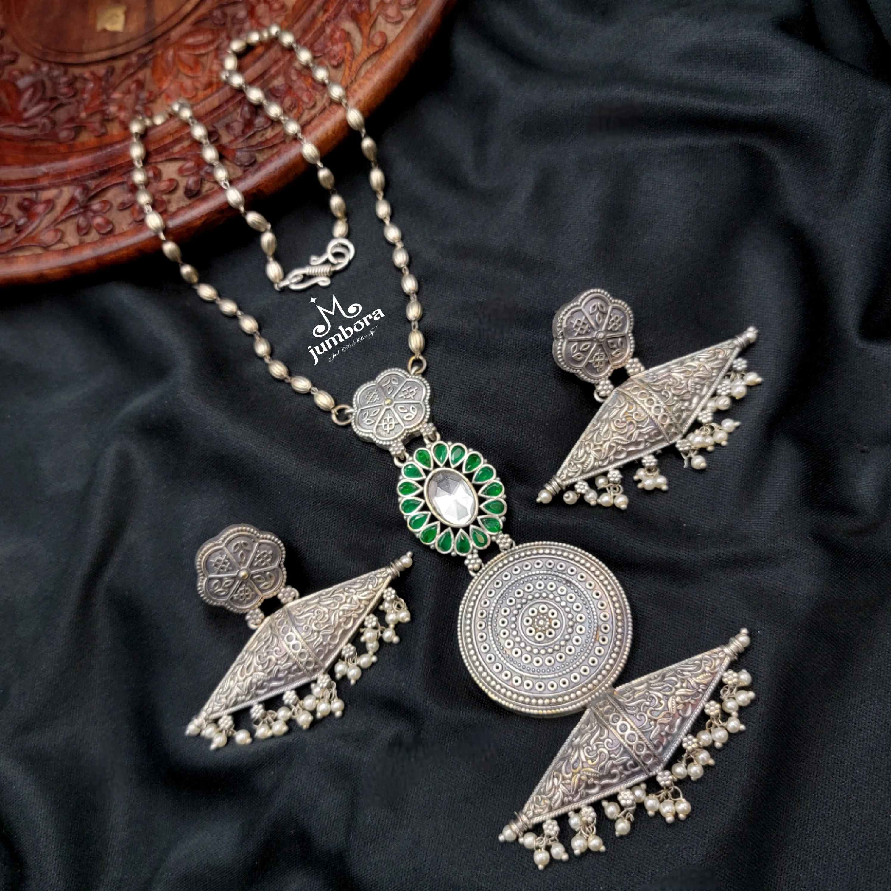 Statement Kundan Silver Look Alike  Oxidized Mala Necklace Set