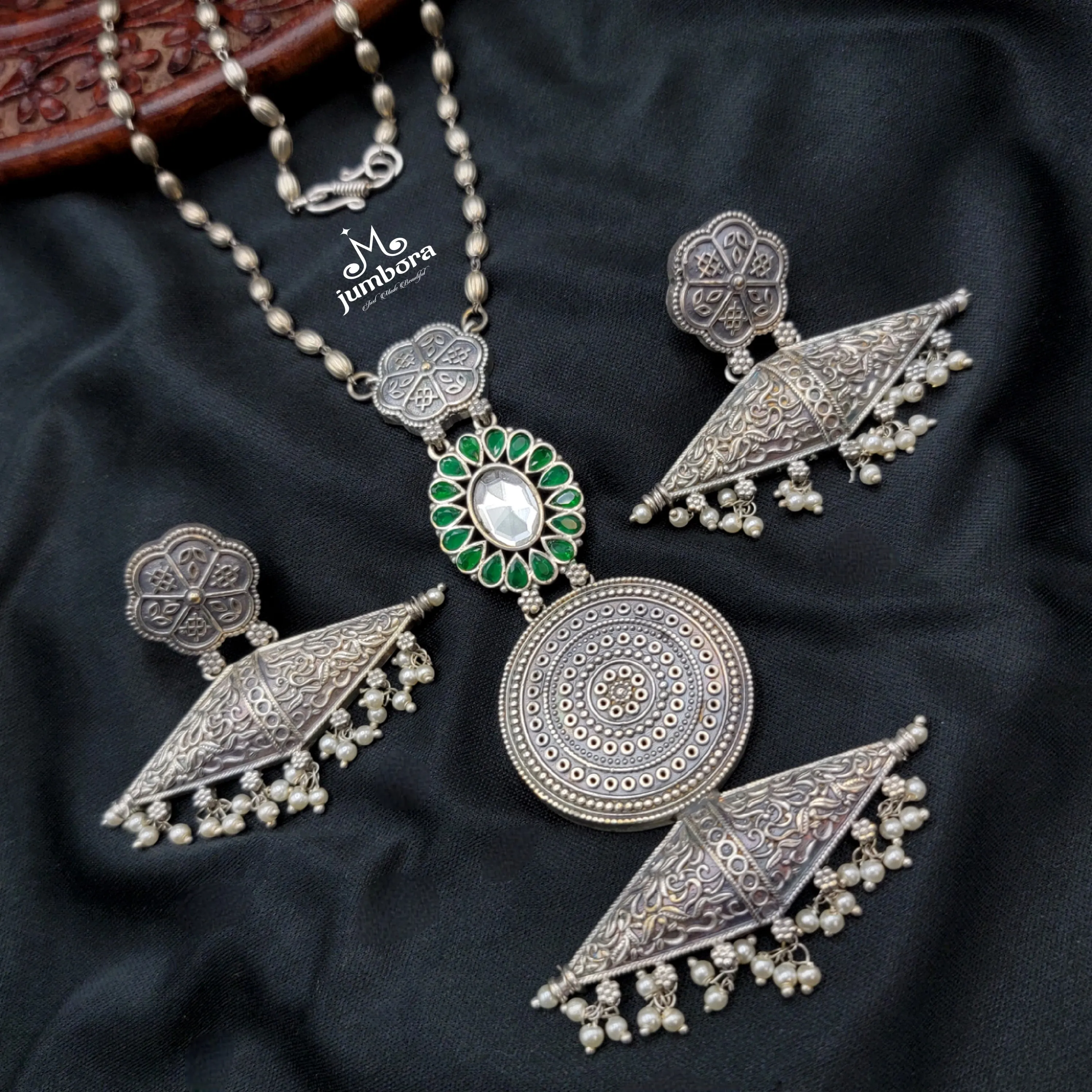 Statement Kundan Silver Look Alike  Oxidized Mala Necklace Set