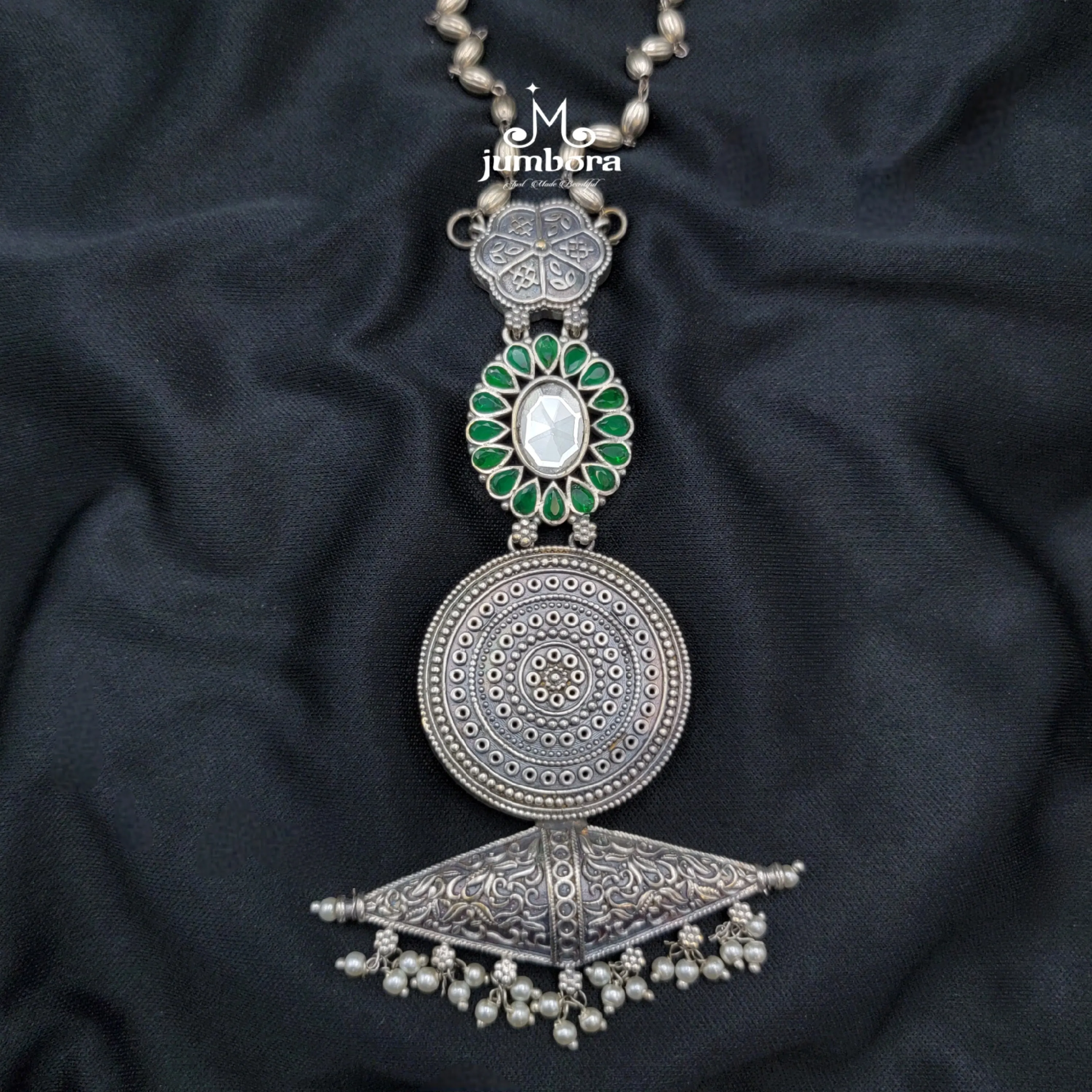 Statement Kundan Silver Look Alike  Oxidized Mala Necklace Set
