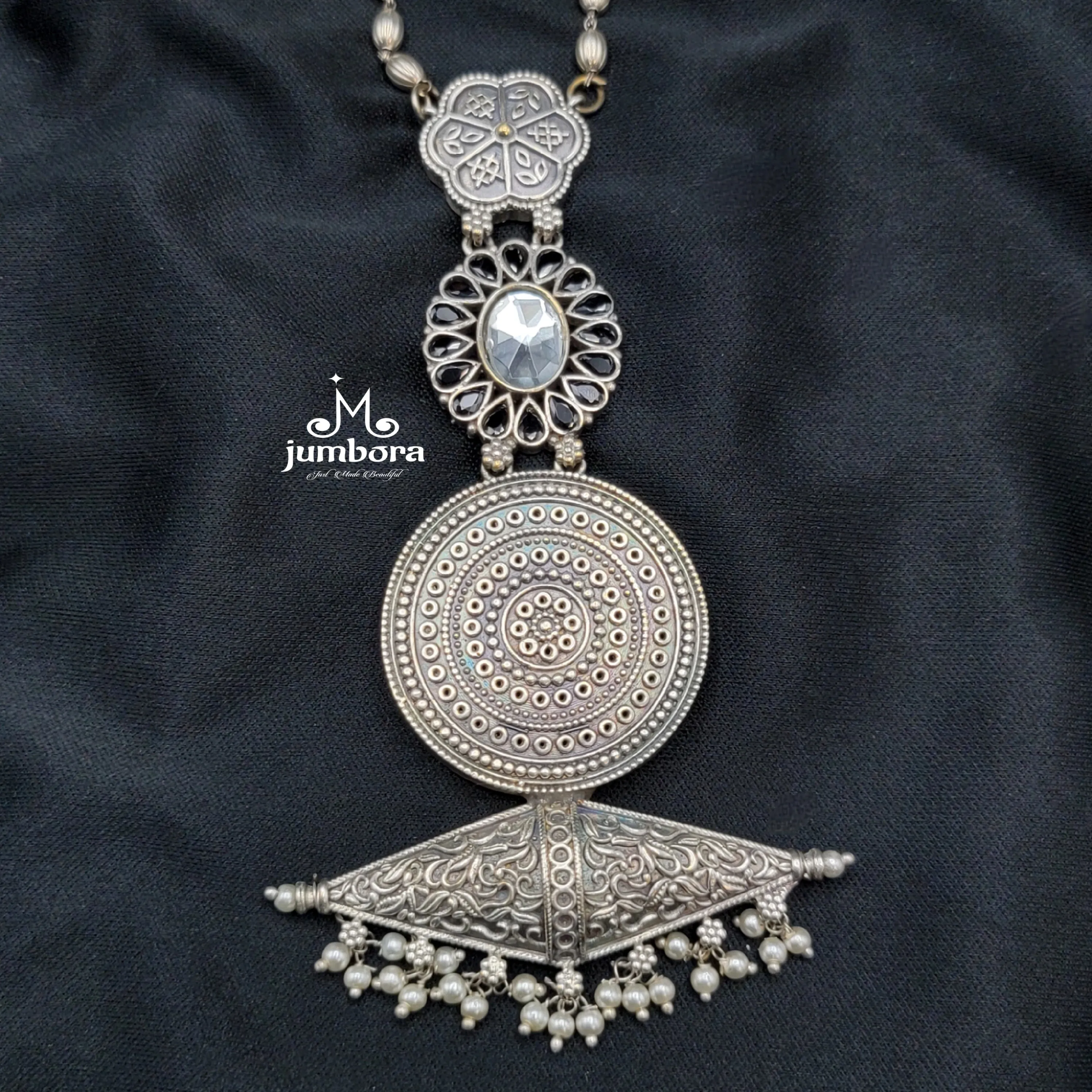 Statement Kundan Silver Look Alike  Oxidized Mala Necklace Set