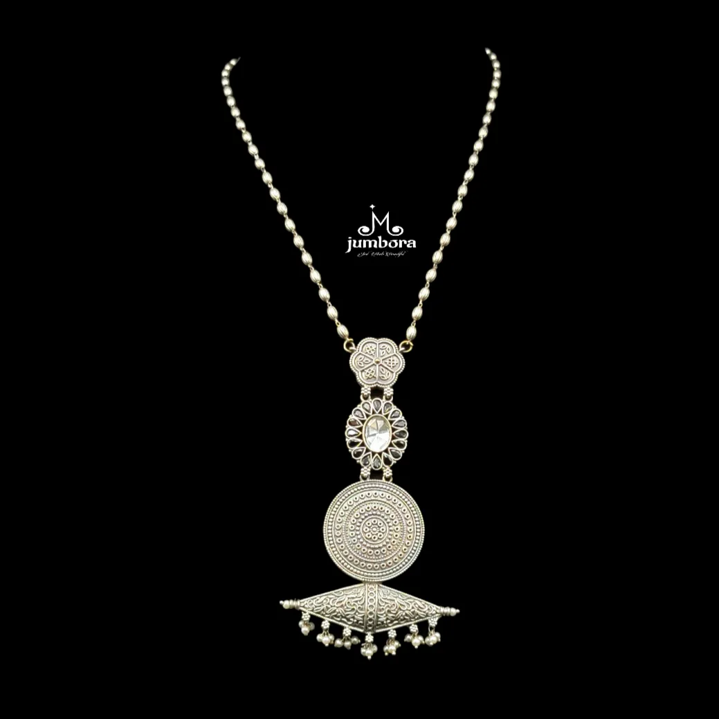 Statement Kundan Silver Look Alike  Oxidized Mala Necklace Set