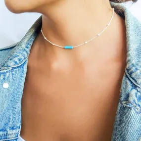 Sterling silver choker, Dainty satellite chain necklace for women with Turquoise Beads