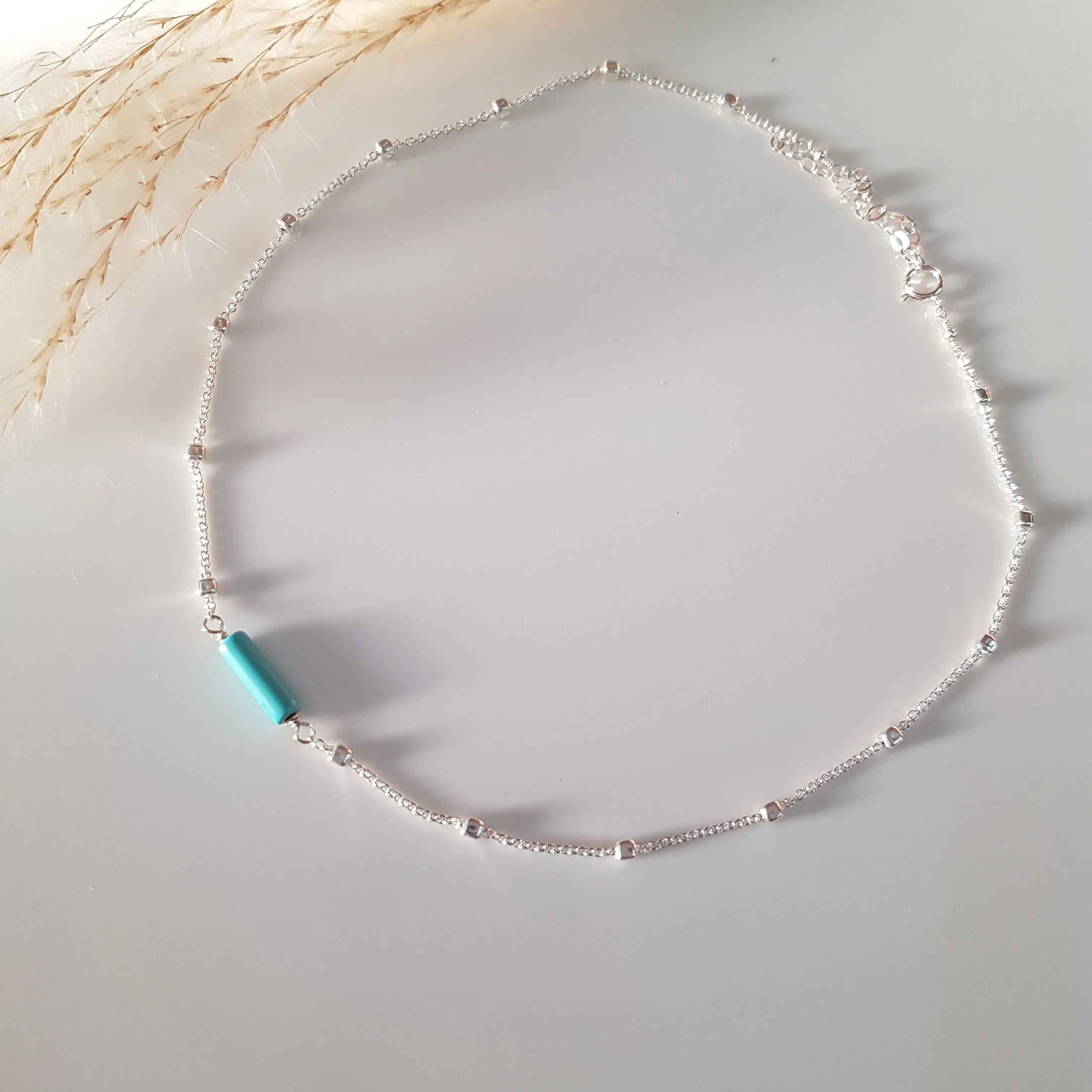 Sterling silver choker, Dainty satellite chain necklace for women with Turquoise Beads