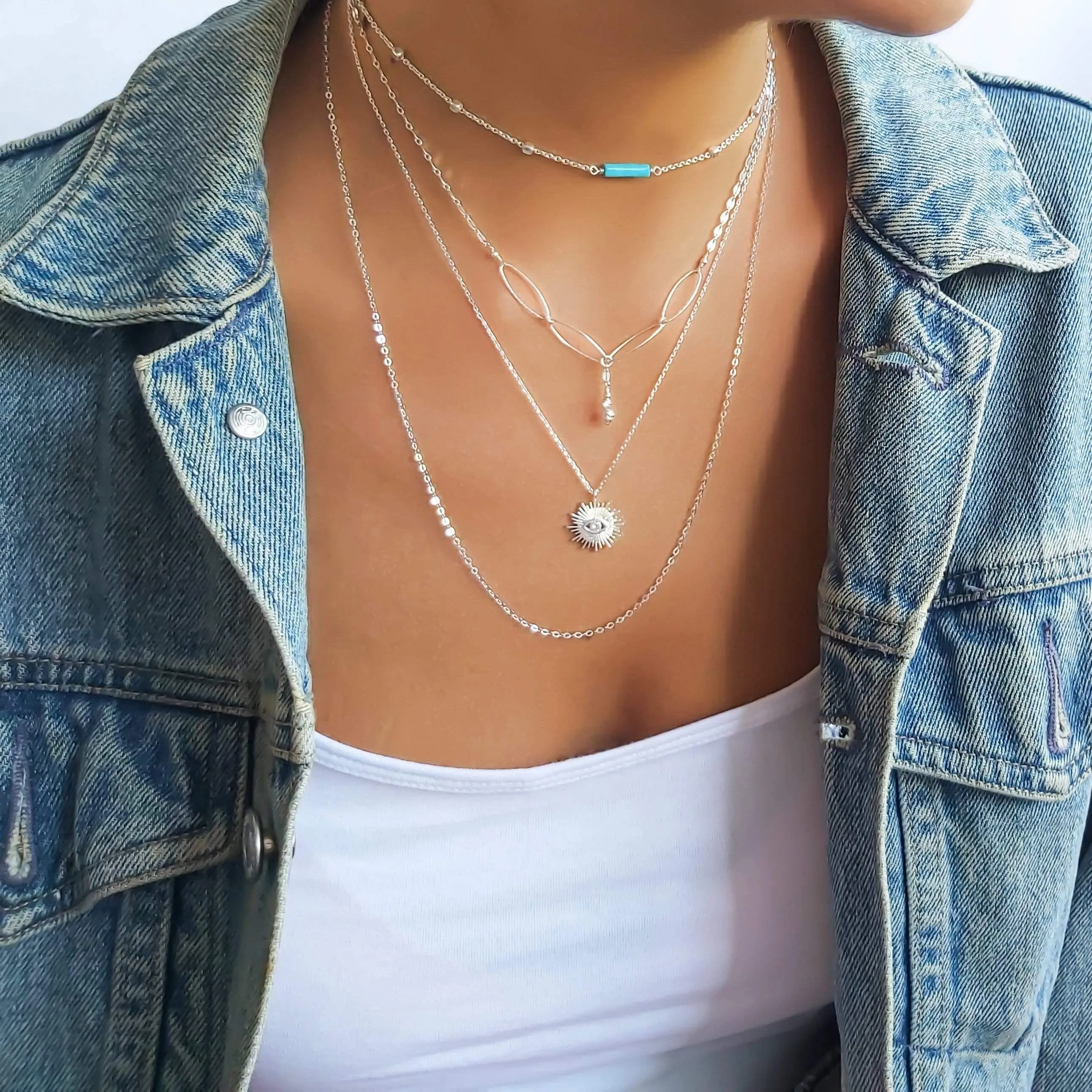 Sterling silver choker, Dainty satellite chain necklace for women with Turquoise Beads