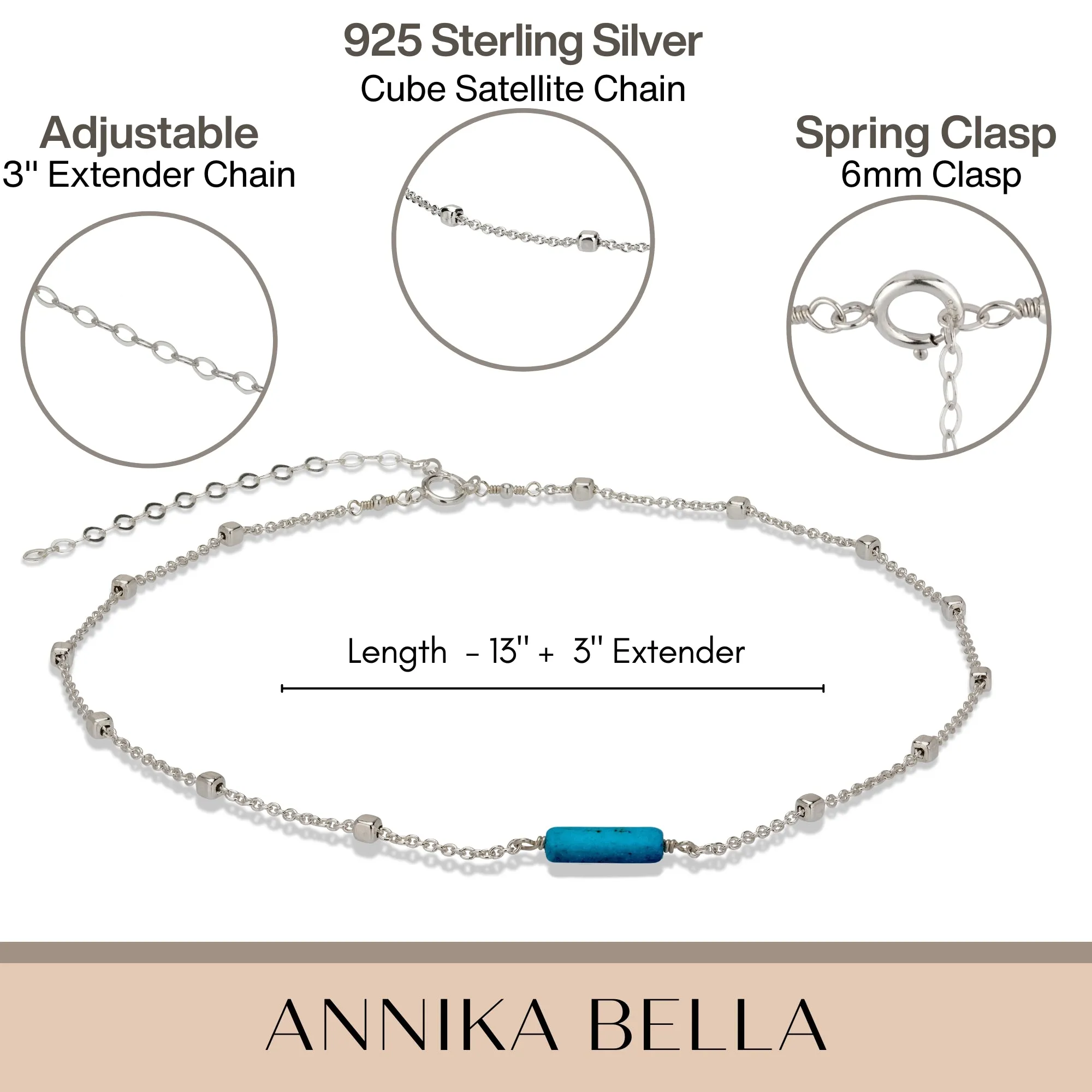 Sterling silver choker, Dainty satellite chain necklace for women with Turquoise Beads