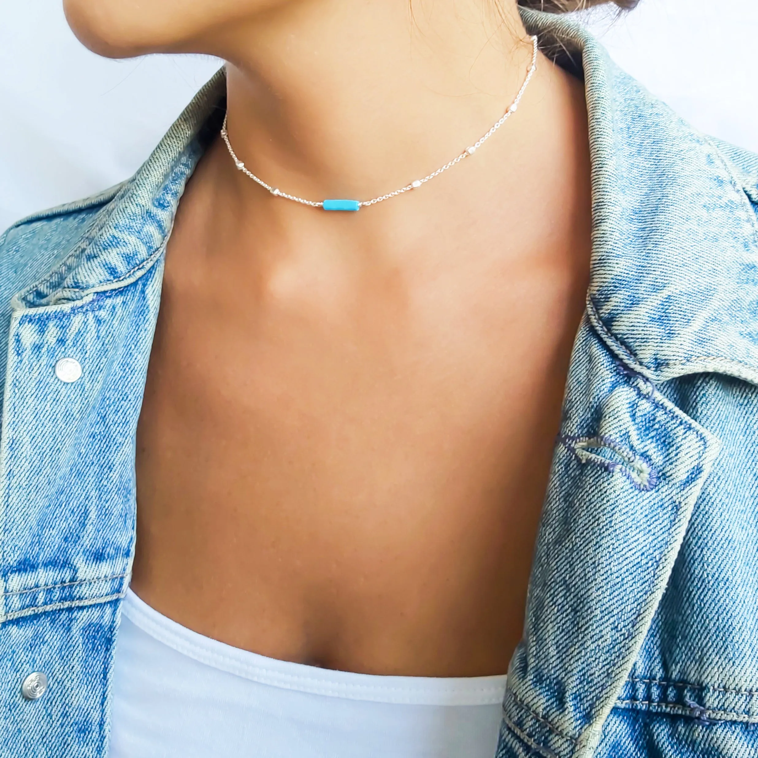 Sterling silver choker, Dainty satellite chain necklace for women with Turquoise Beads