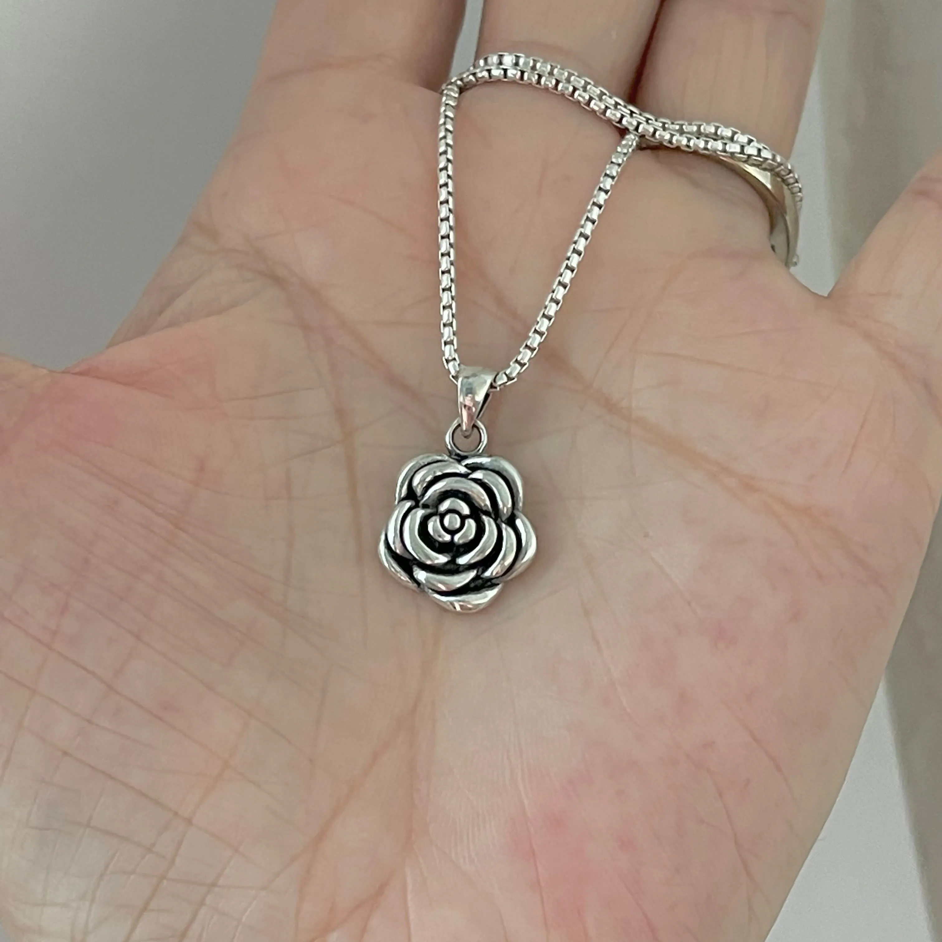 Sterling Silver Heavy Rose Necklace, Silver Necklace, Flower Necklace