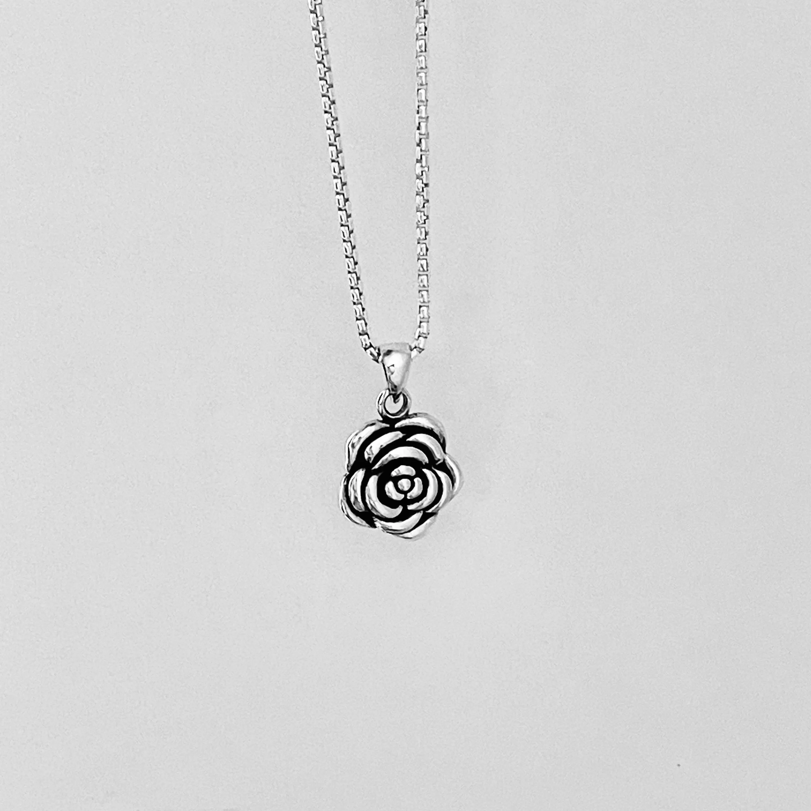 Sterling Silver Heavy Rose Necklace, Silver Necklace, Flower Necklace