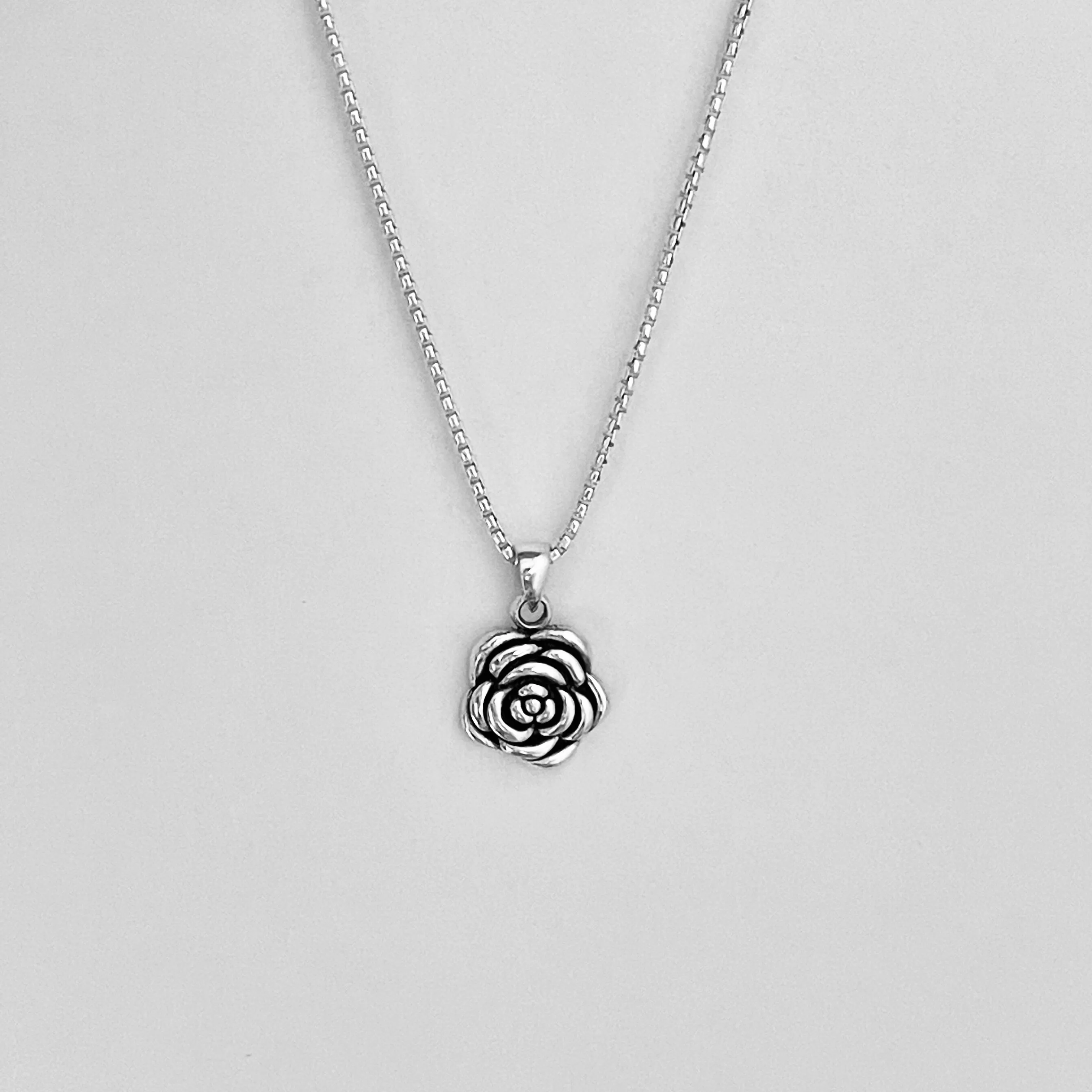 Sterling Silver Heavy Rose Necklace, Silver Necklace, Flower Necklace