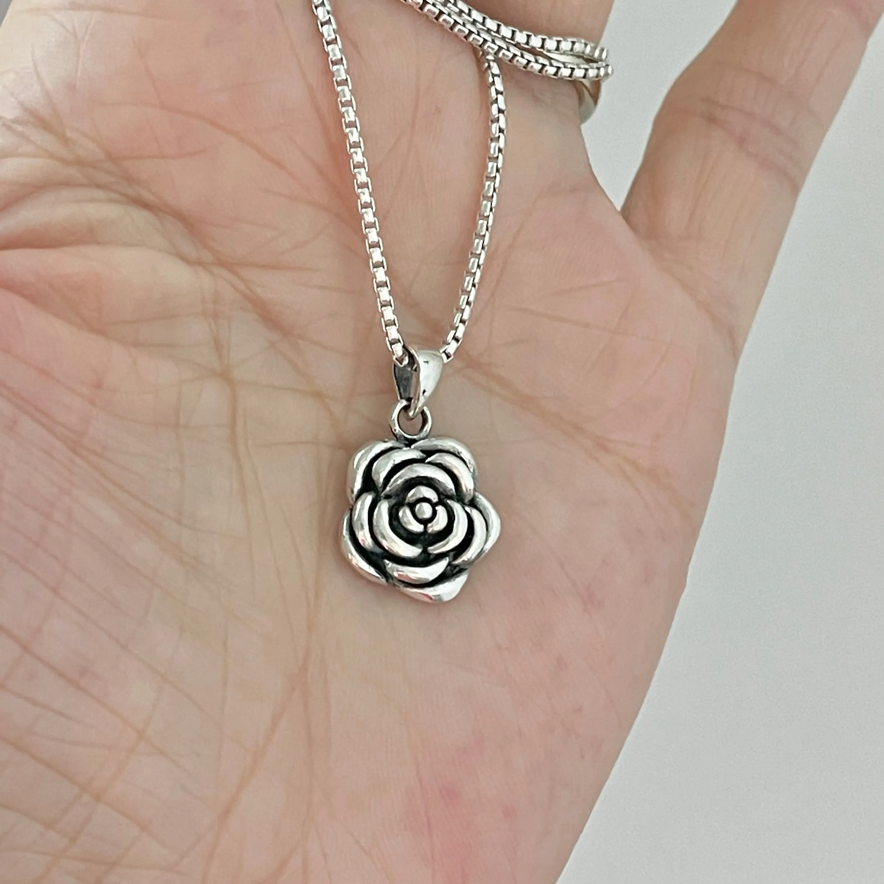 Sterling Silver Heavy Rose Necklace, Silver Necklace, Flower Necklace