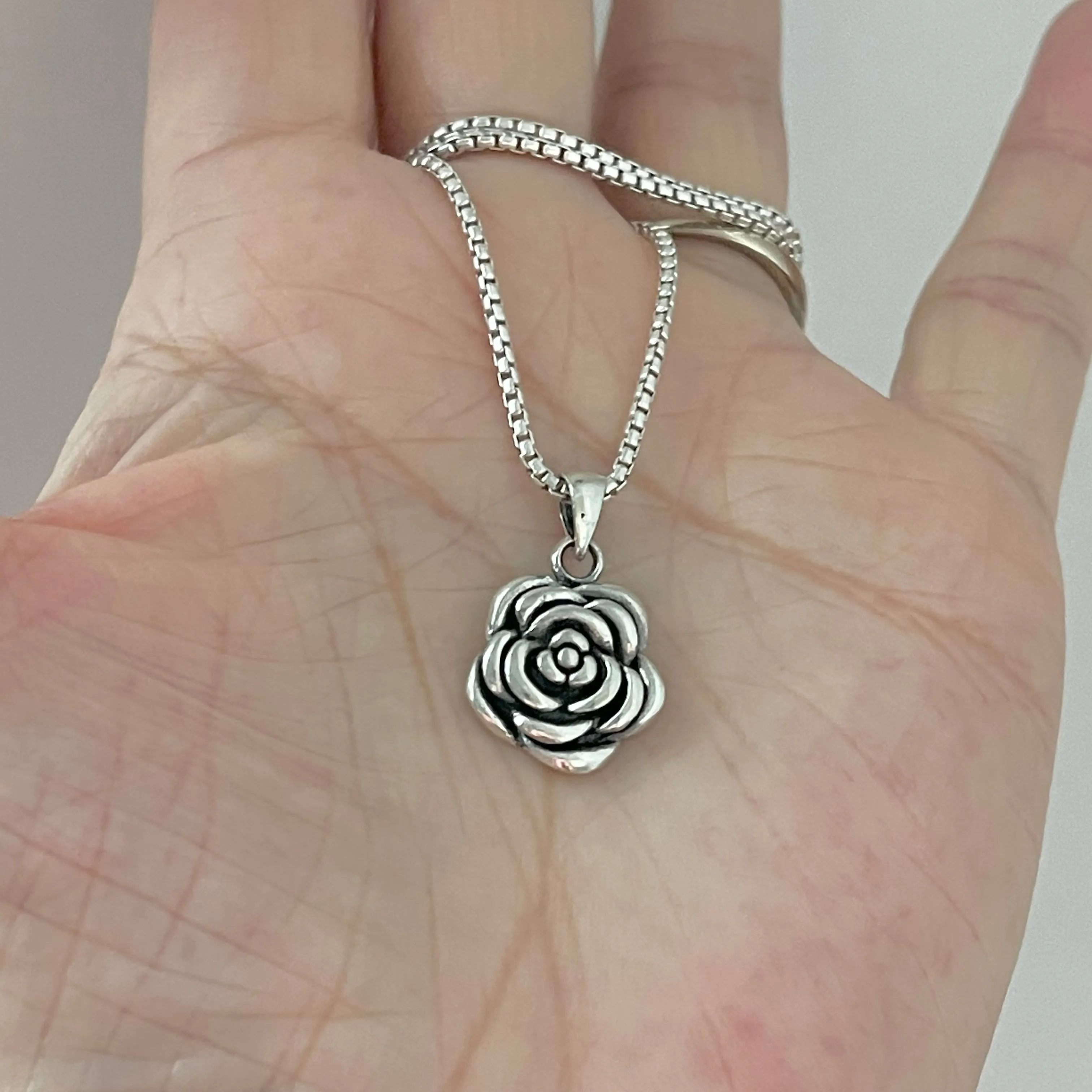 Sterling Silver Heavy Rose Necklace, Silver Necklace, Flower Necklace