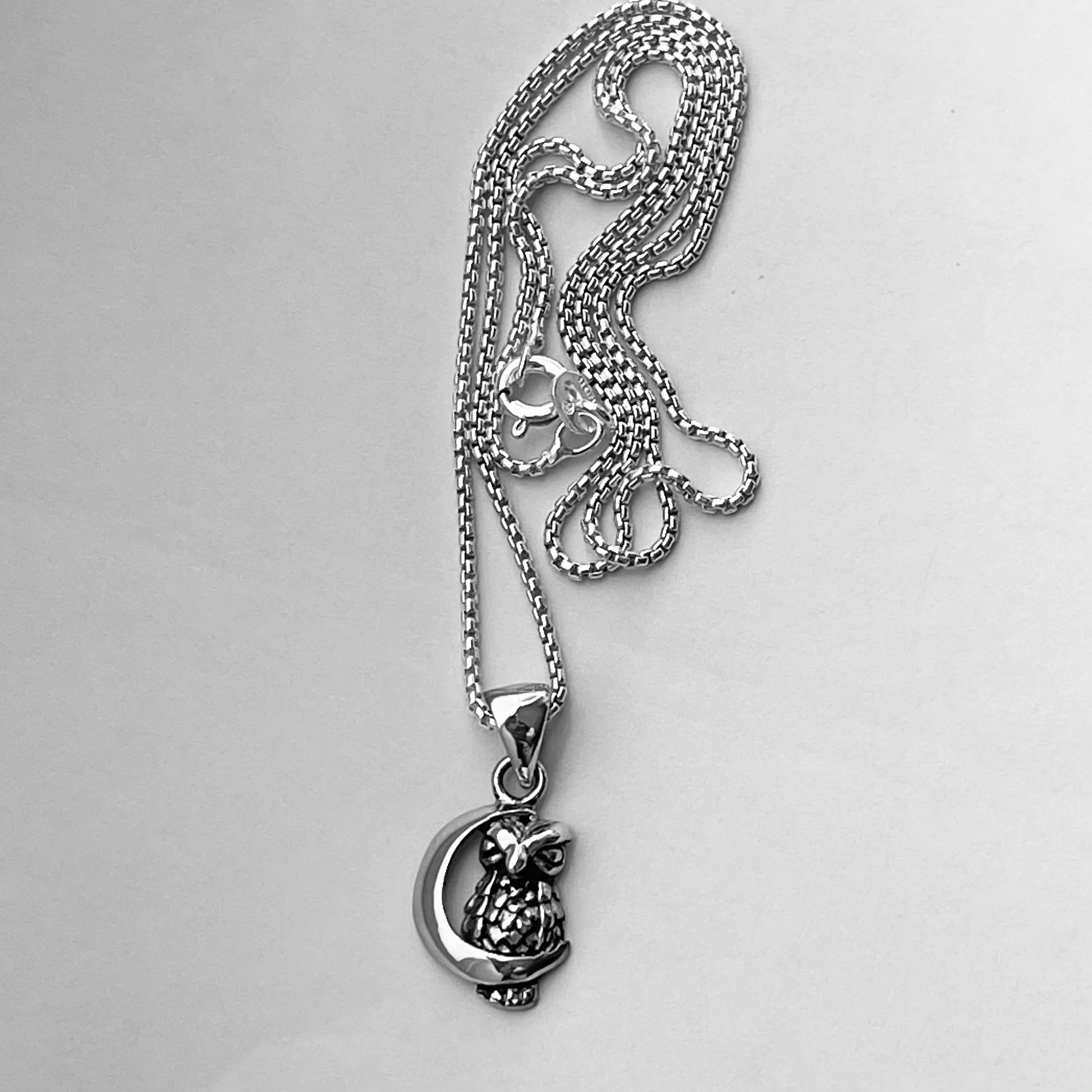 Sterling Silver Owl on the Moon Necklace, Silver Necklace, Owl Necklace, Religious Necklace