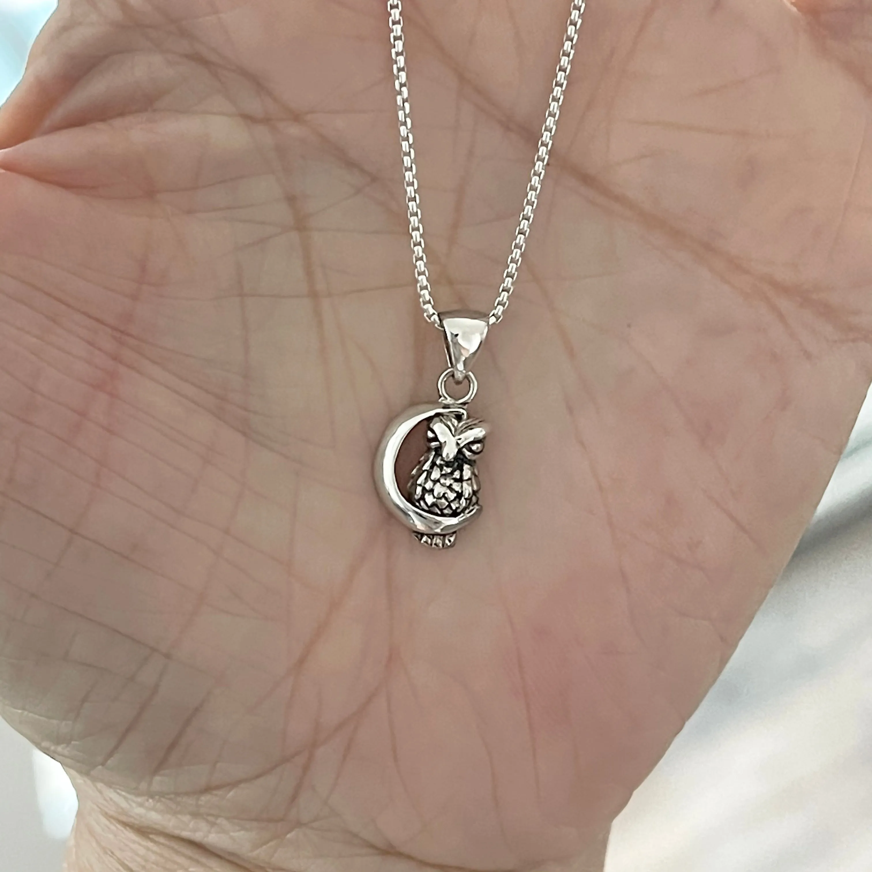 Sterling Silver Owl on the Moon Necklace, Silver Necklace, Owl Necklace, Religious Necklace