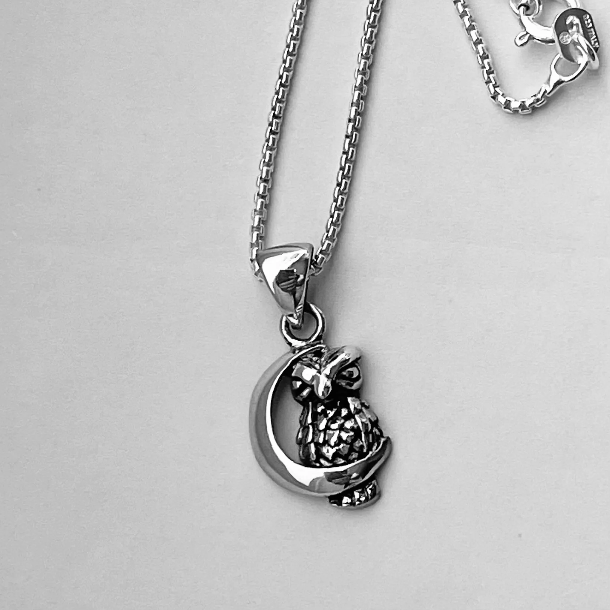 Sterling Silver Owl on the Moon Necklace, Silver Necklace, Owl Necklace, Religious Necklace