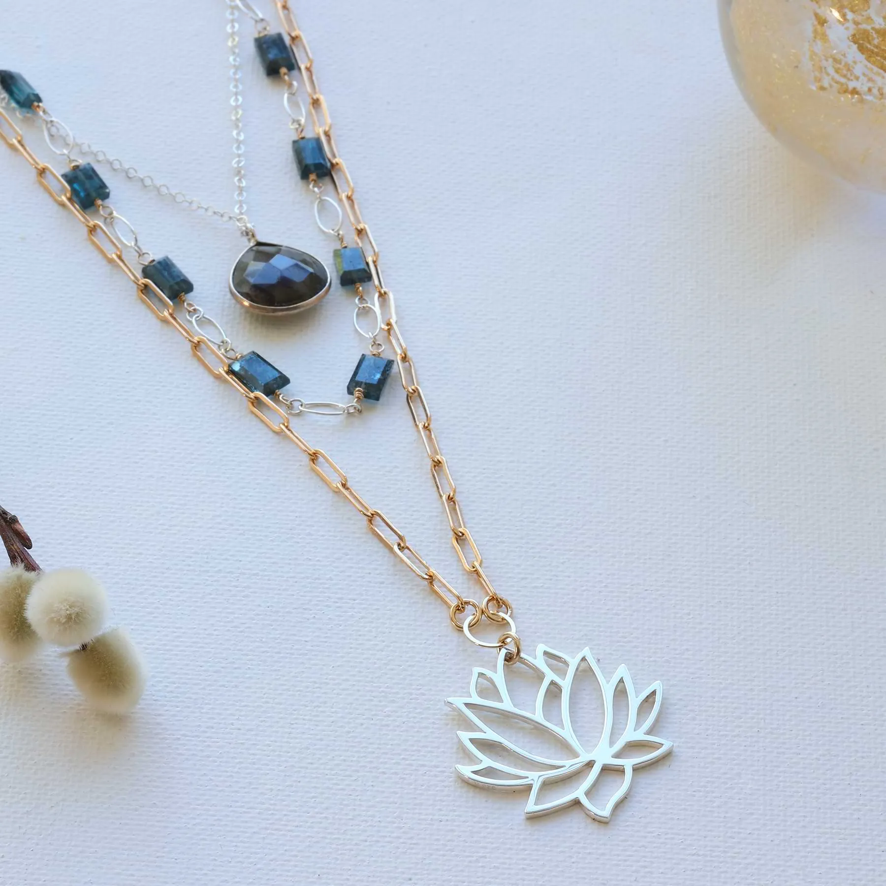 Thoughtfulness - Kyanite Labradorite and Lotus Triple Strand Necklace