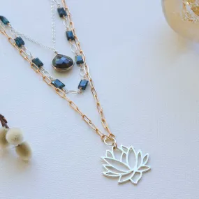 Thoughtfulness - Kyanite Labradorite and Lotus Triple Strand Necklace