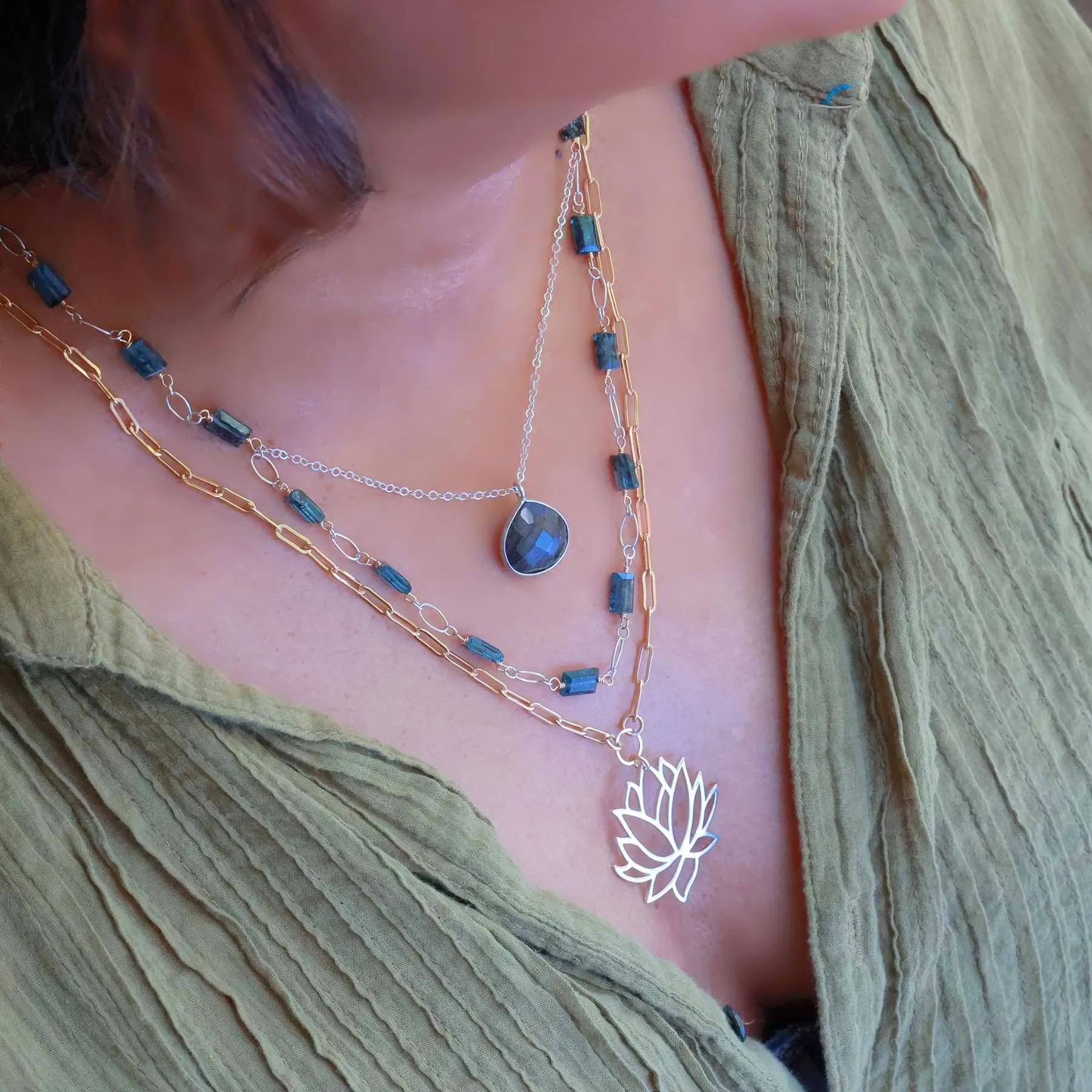 Thoughtfulness - Kyanite Labradorite and Lotus Triple Strand Necklace