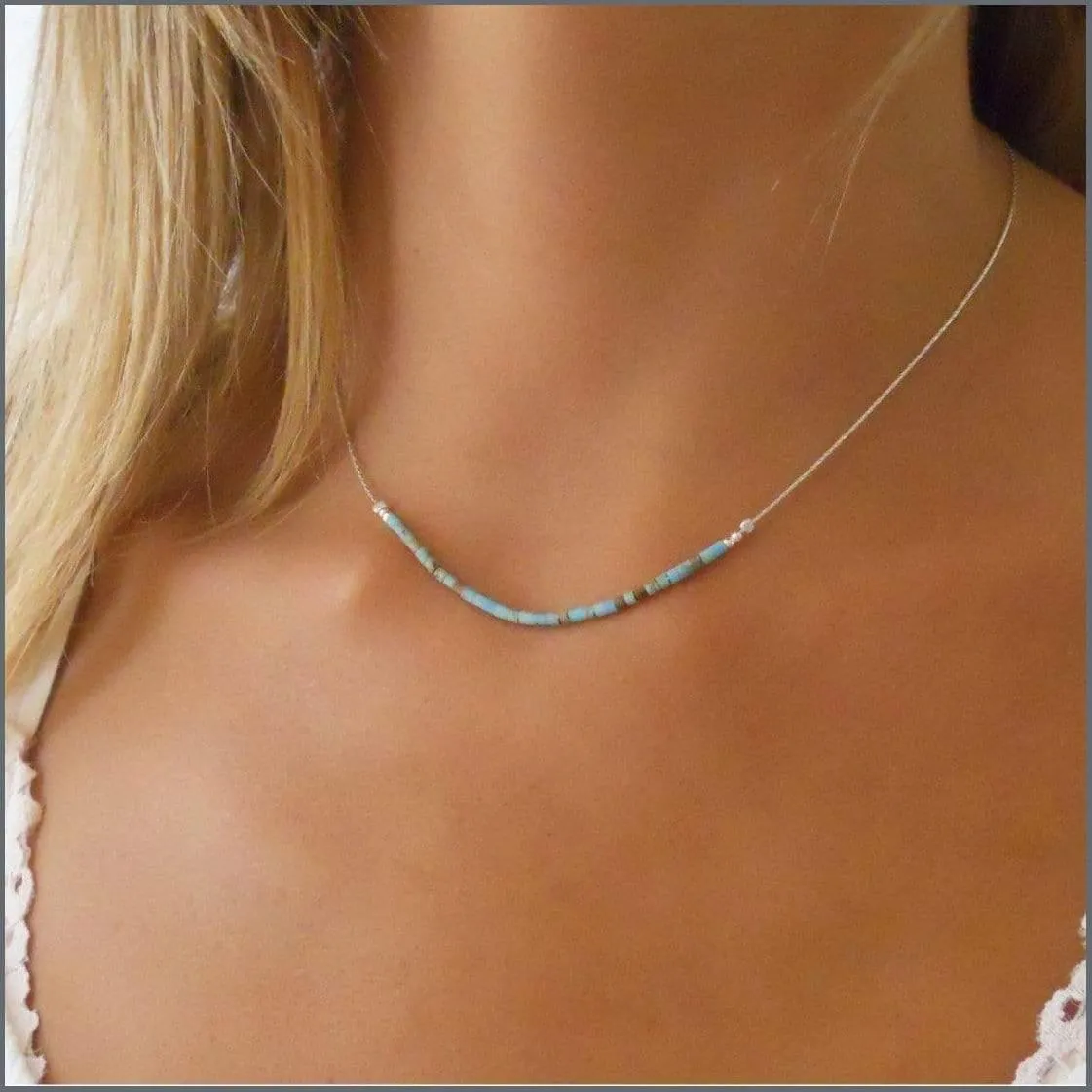 Turquoise Necklace, Sterling silver Necklace with Turquoise Bar Beads