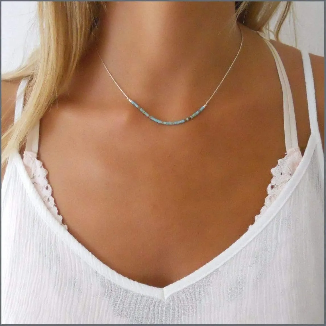 Turquoise Necklace, Sterling silver Necklace with Turquoise Bar Beads
