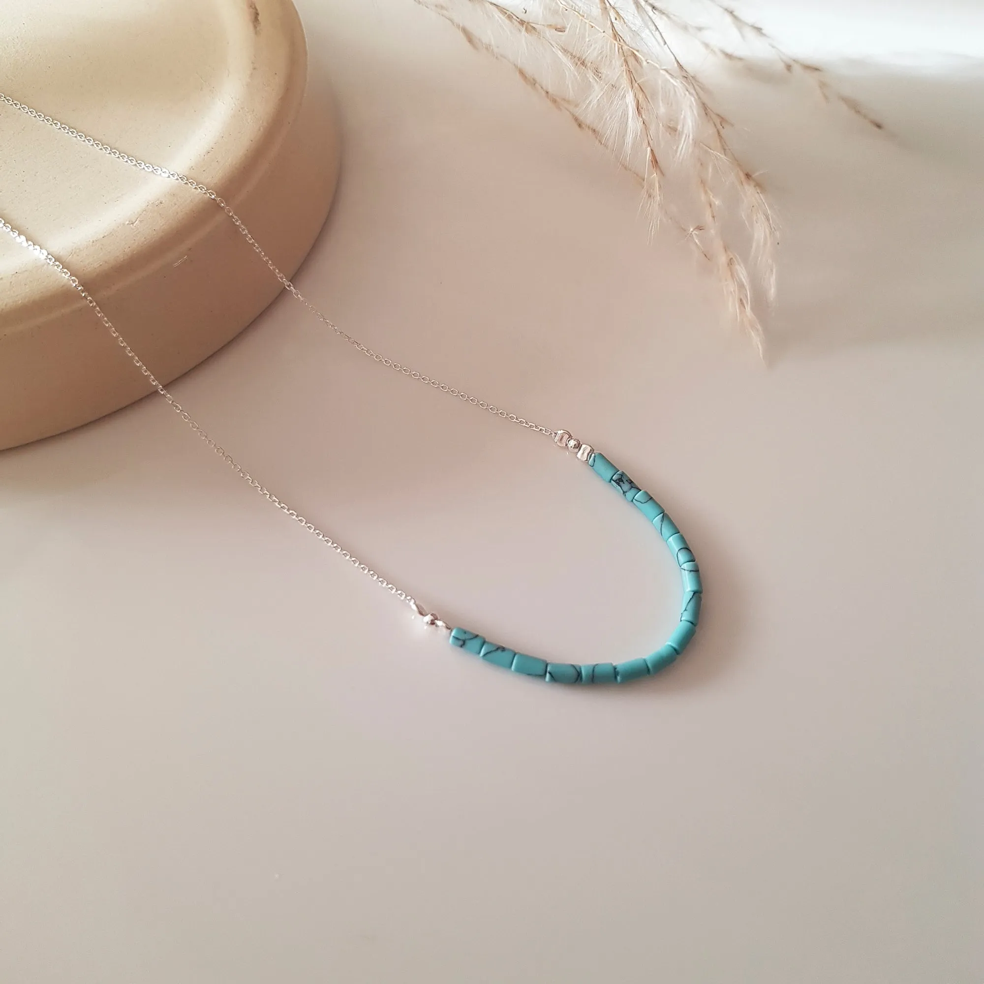 Turquoise Necklace, Sterling silver Necklace with Turquoise Bar Beads