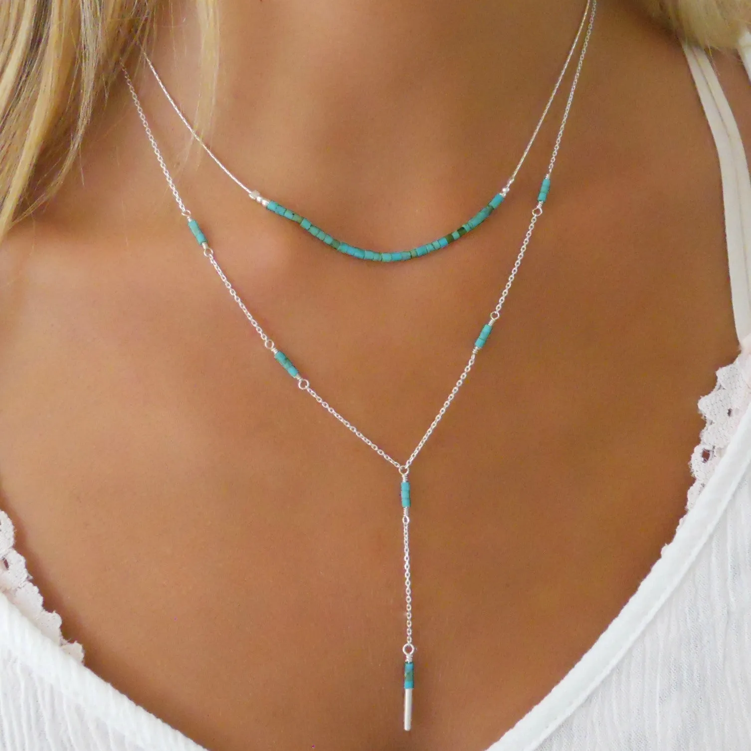 Turquoise Necklace, Sterling silver Necklace with Turquoise Bar Beads