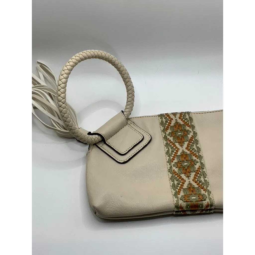 UNBRANDED Women's Beige Faux-Leather Embroidered Geo Center Stripe Wrist Bag