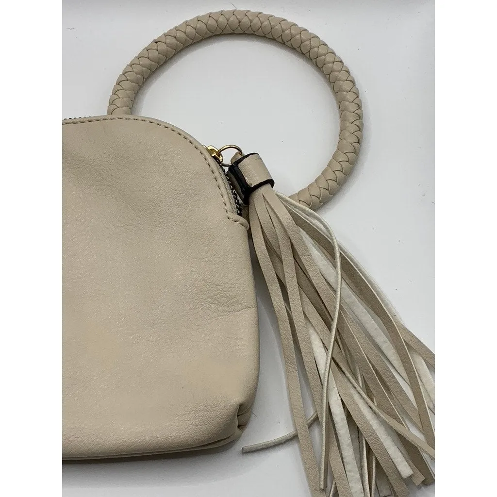 UNBRANDED Women's Beige Faux-Leather Embroidered Geo Center Stripe Wrist Bag