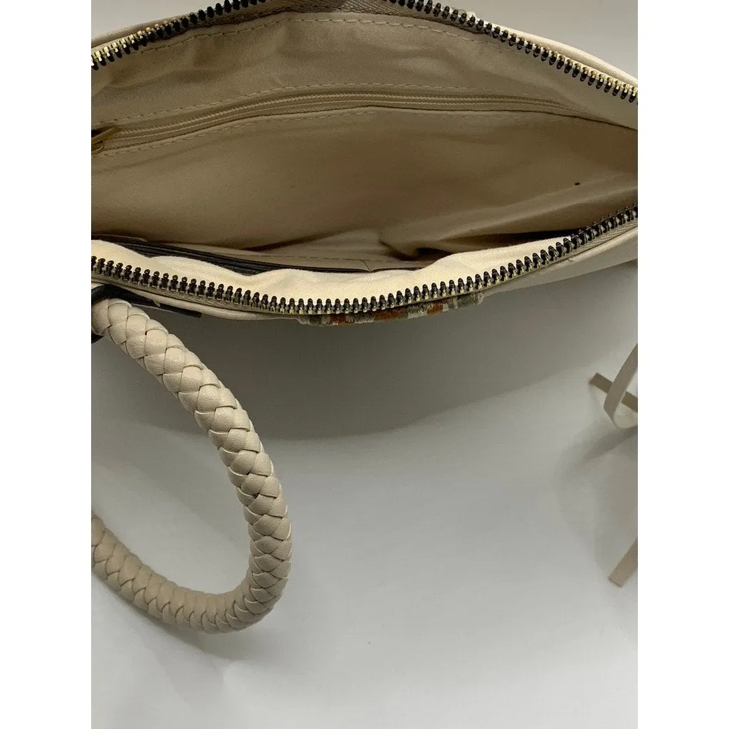 UNBRANDED Women's Beige Faux-Leather Embroidered Geo Center Stripe Wrist Bag