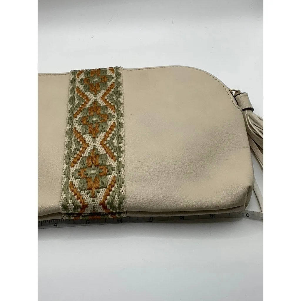 UNBRANDED Women's Beige Faux-Leather Embroidered Geo Center Stripe Wrist Bag