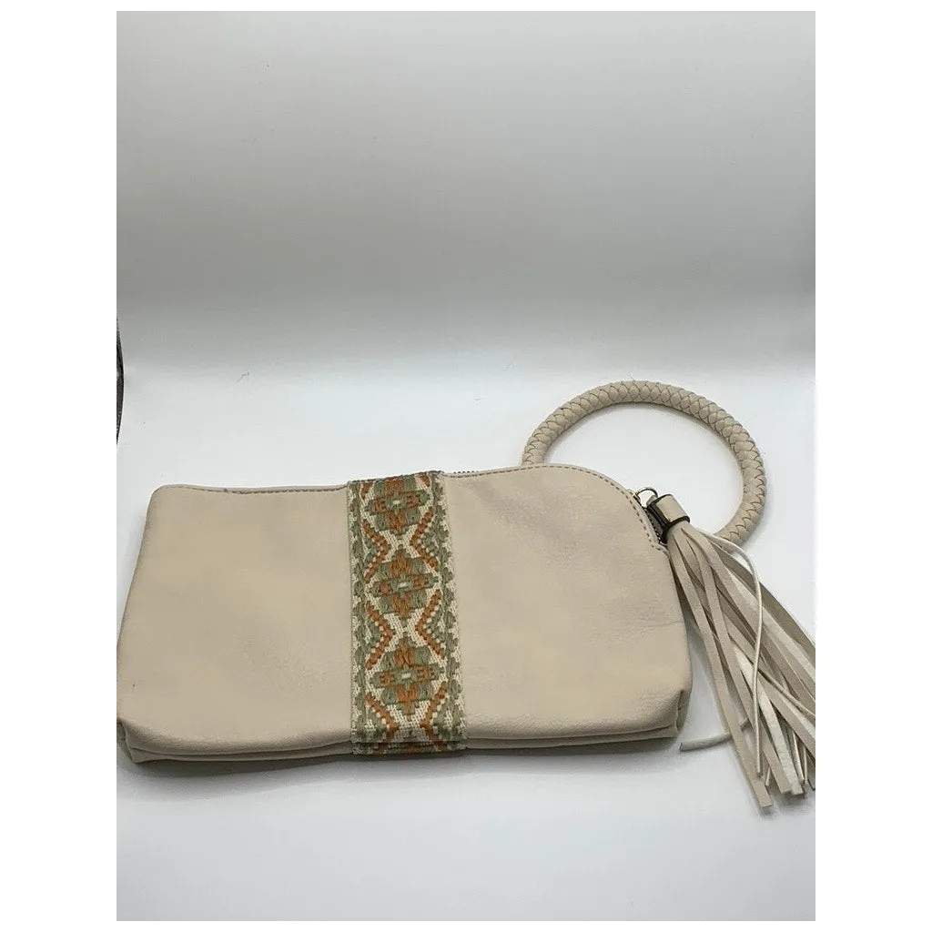 UNBRANDED Women's Beige Faux-Leather Embroidered Geo Center Stripe Wrist Bag