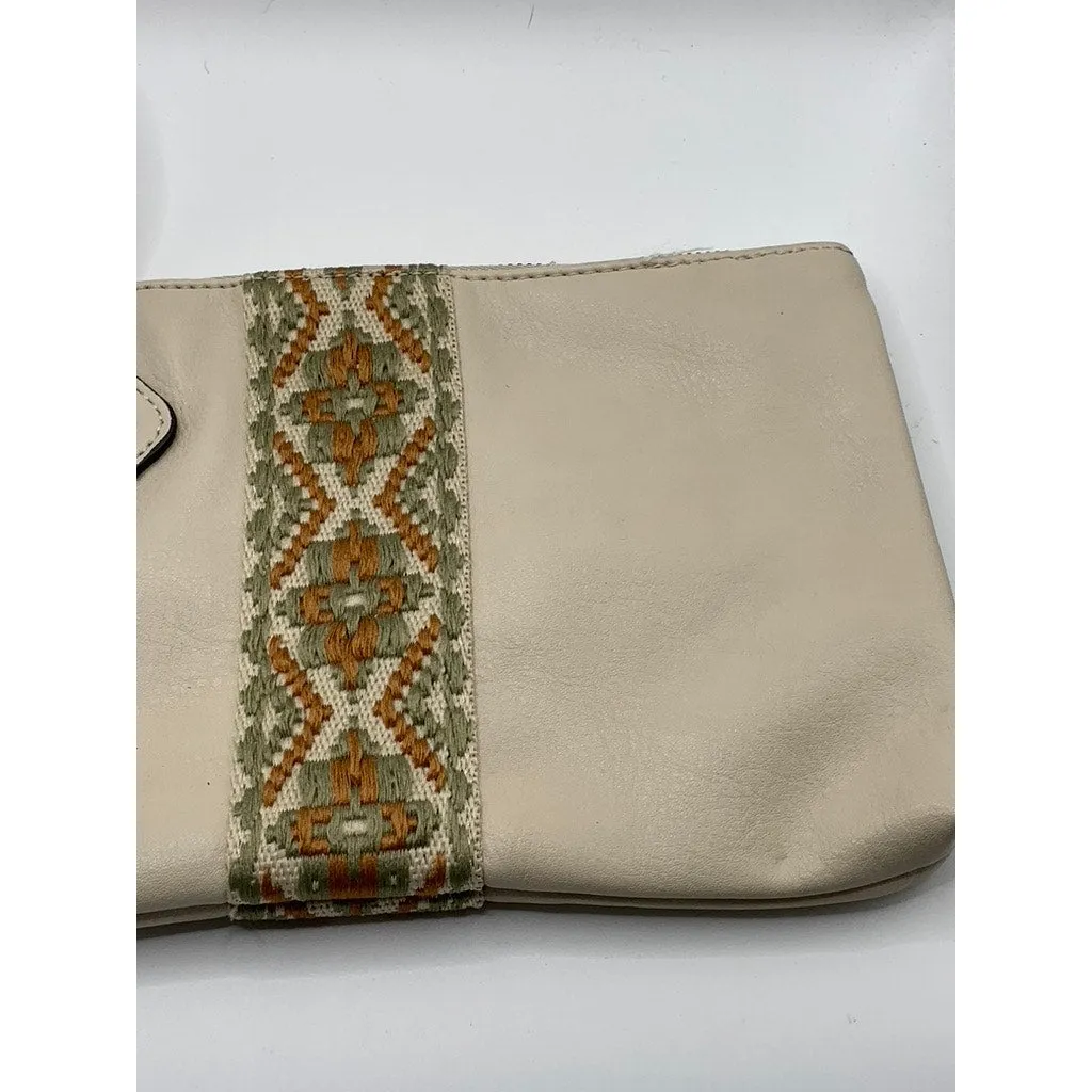 UNBRANDED Women's Beige Faux-Leather Embroidered Geo Center Stripe Wrist Bag