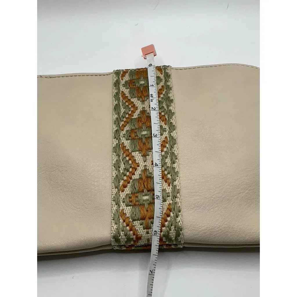 UNBRANDED Women's Beige Faux-Leather Embroidered Geo Center Stripe Wrist Bag