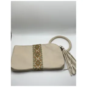 UNBRANDED Women's Beige Faux-Leather Embroidered Geo Center Stripe Wrist Bag