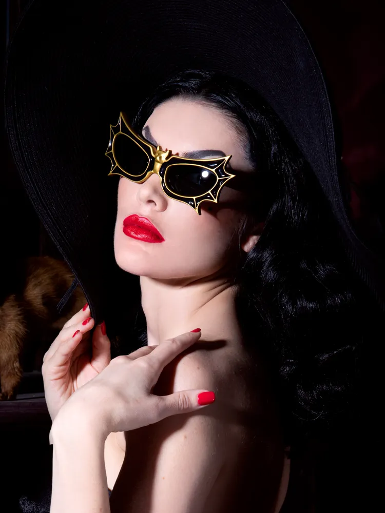 Vampira® Bat Glasses in Gold/Black by La Femme en Noir