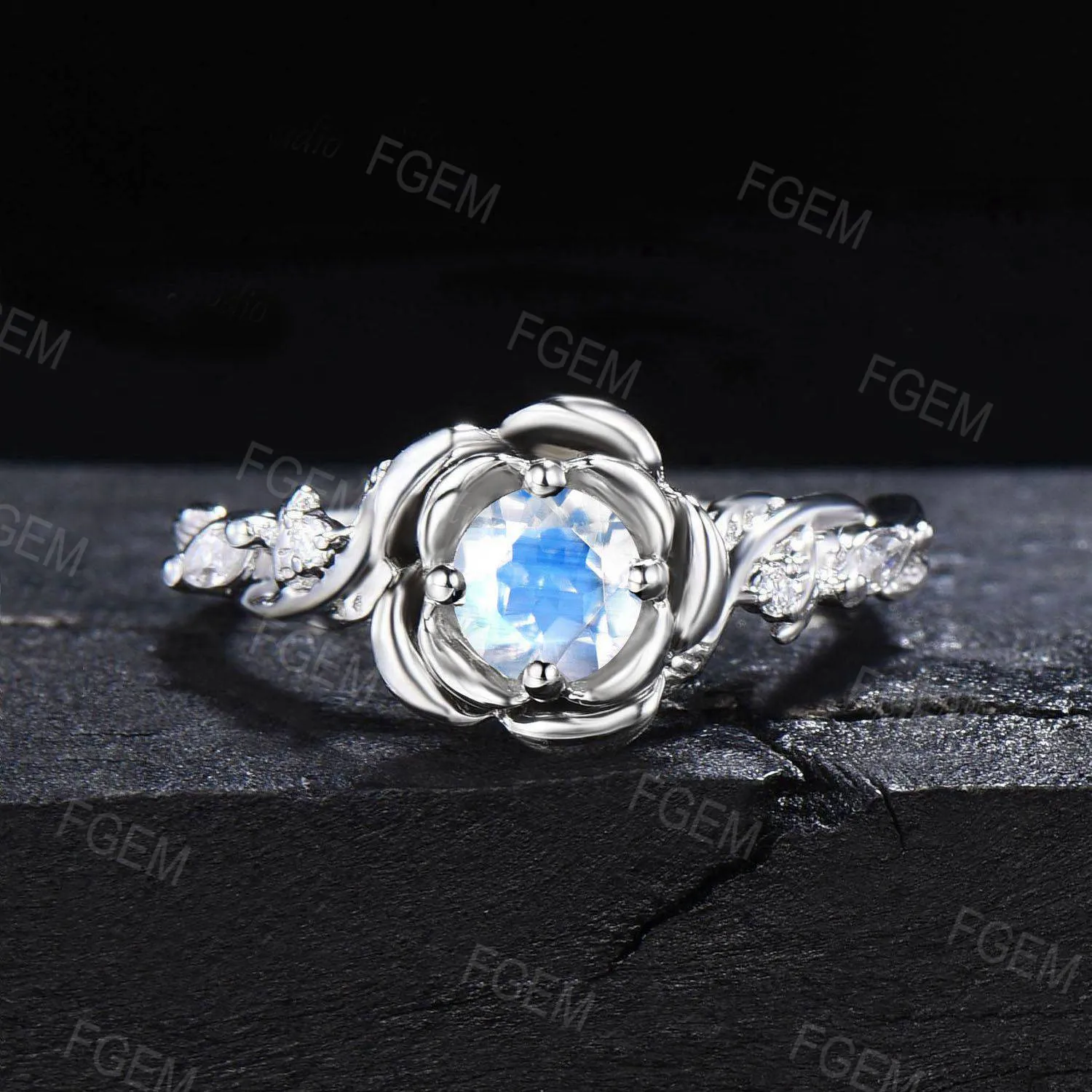 White Gold Engagement Ring 5mm Round Natural Rainbow Moonstone Bridal Set Nature Inspired Twig Moissanite Ring Rose Flower Ring Propose Gift