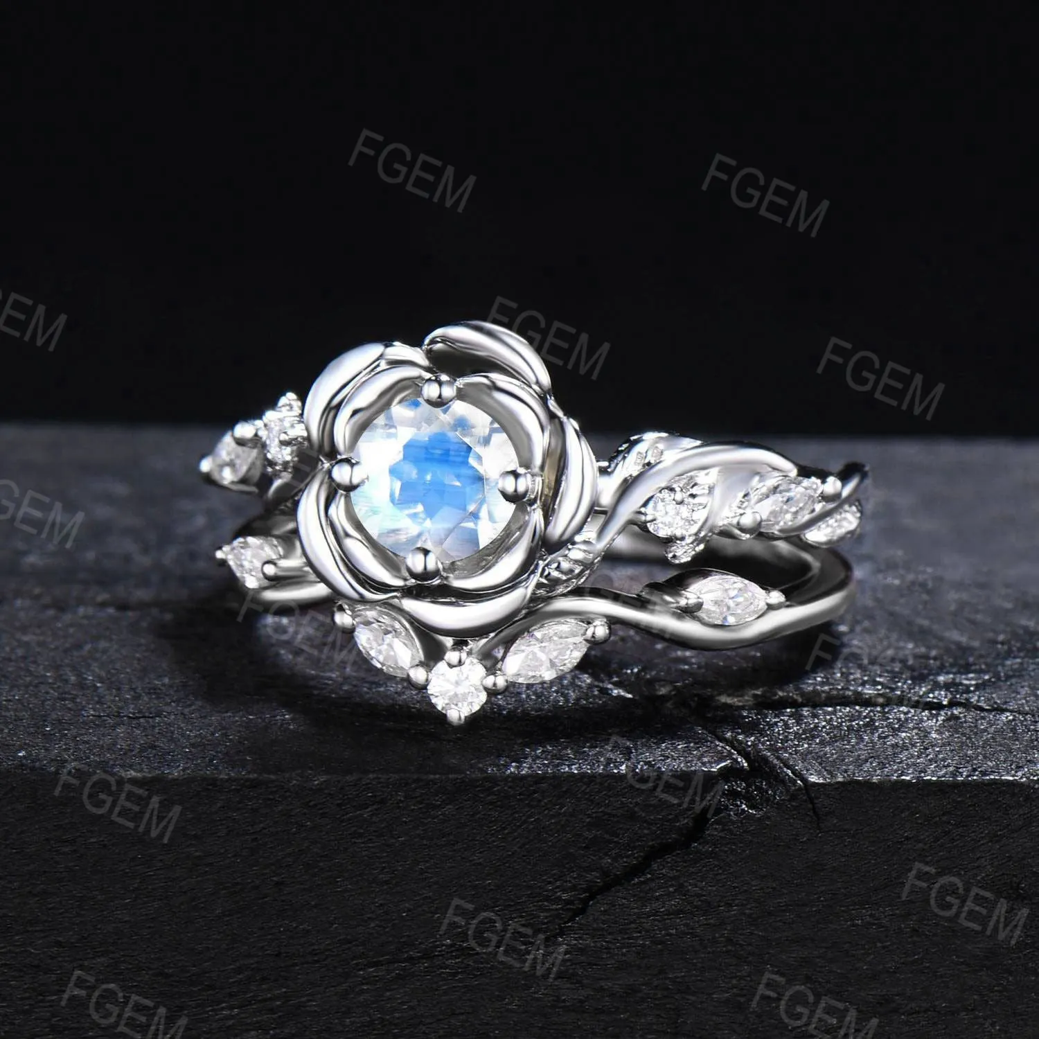 White Gold Engagement Ring 5mm Round Natural Rainbow Moonstone Bridal Set Nature Inspired Twig Moissanite Ring Rose Flower Ring Propose Gift