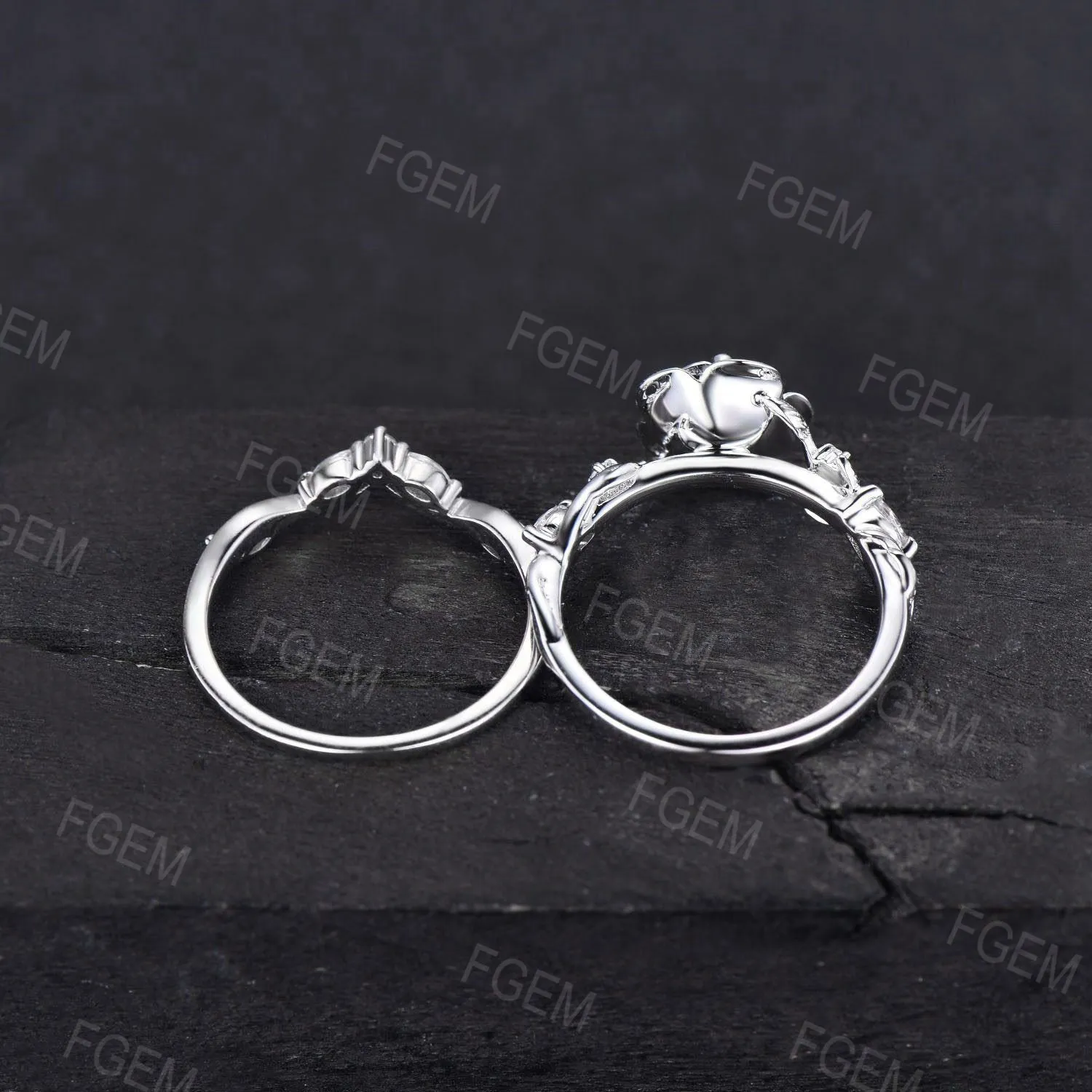 White Gold Engagement Ring 5mm Round Natural Rainbow Moonstone Bridal Set Nature Inspired Twig Moissanite Ring Rose Flower Ring Propose Gift