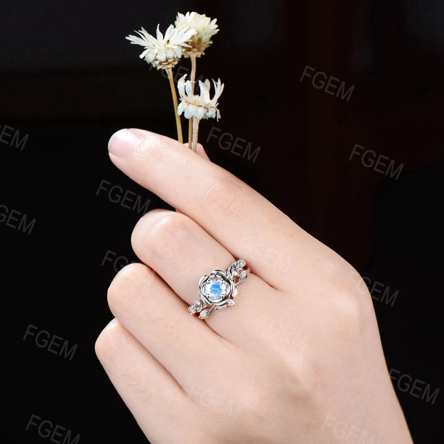 White Gold Engagement Ring 5mm Round Natural Rainbow Moonstone Bridal Set Nature Inspired Twig Moissanite Ring Rose Flower Ring Propose Gift