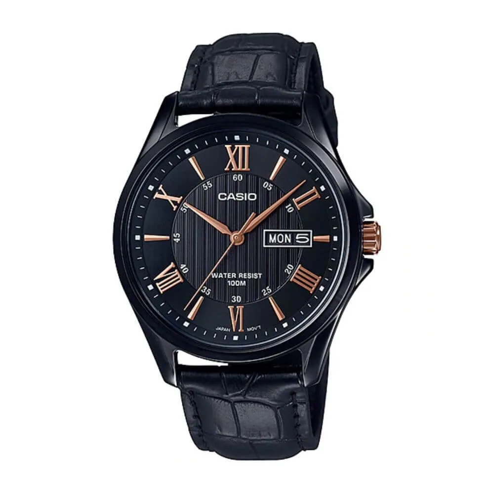 WW1121 Casio Enticer Day Date Black Leather Belt Watch MTP-1384BL-1A2VDF