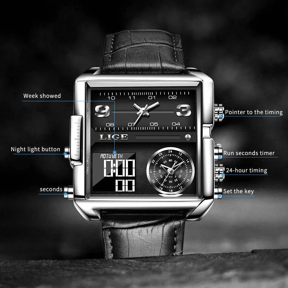 WW1729 Lige Triple Time Square Stainless Steel Belt Watch 8925